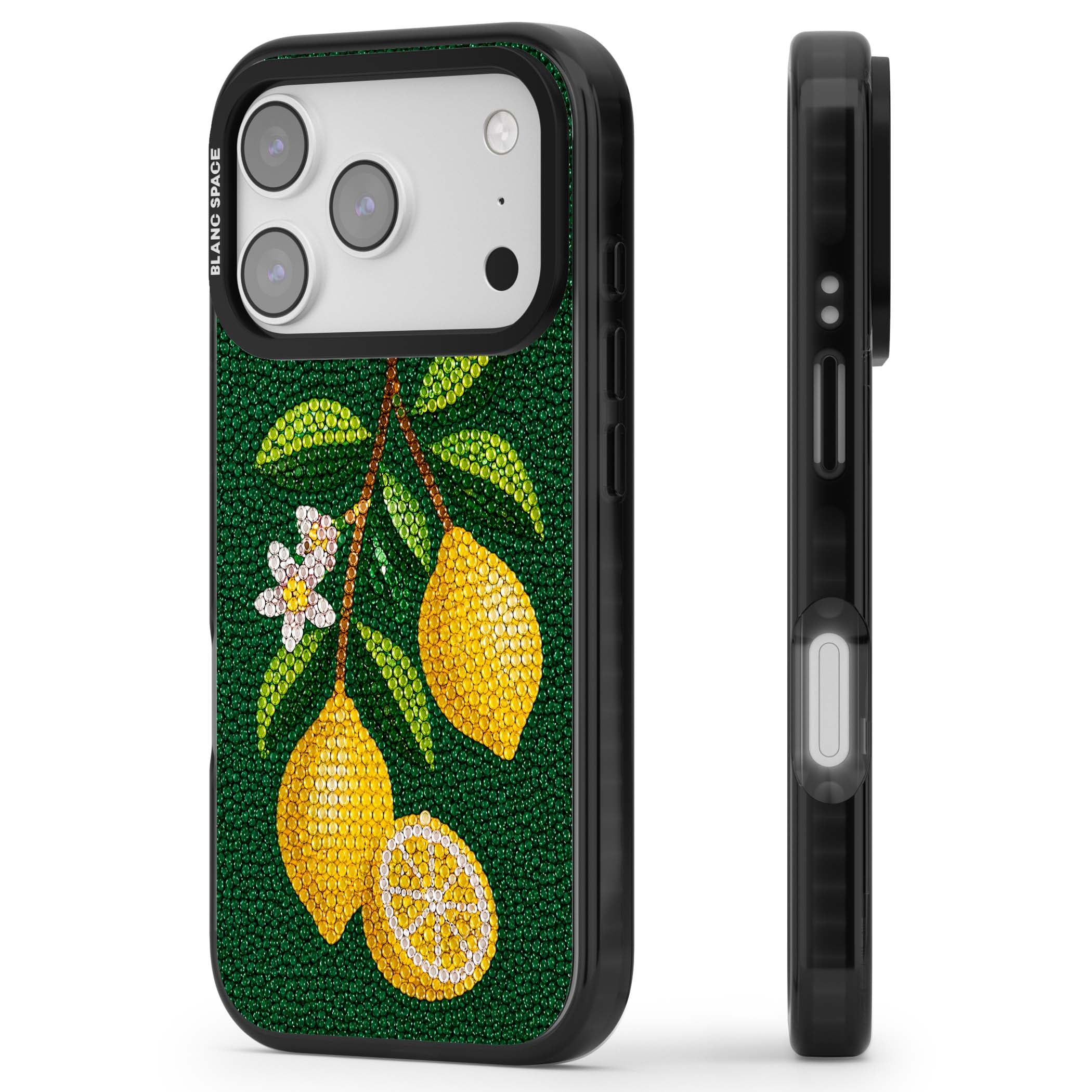 Beaded Lemons coastal iPhone case featuring crystal-beaded lemons, citrus blossom and green leaves on emerald ground | Clear Impact case for iPhone 17 Pro, iPhone 17 Pro Max