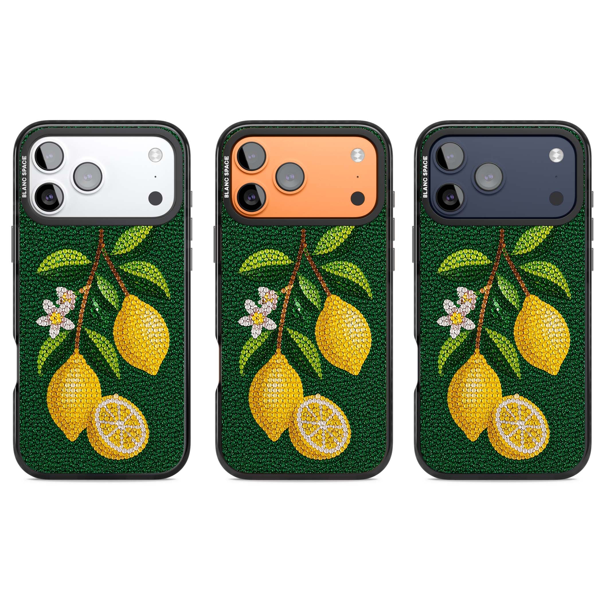 Beaded Lemons coastal iPhone case featuring crystal-beaded lemons, citrus blossom and green leaves on emerald ground | Clear Impact case for iPhone 17 Pro, iPhone 17 Pro Max