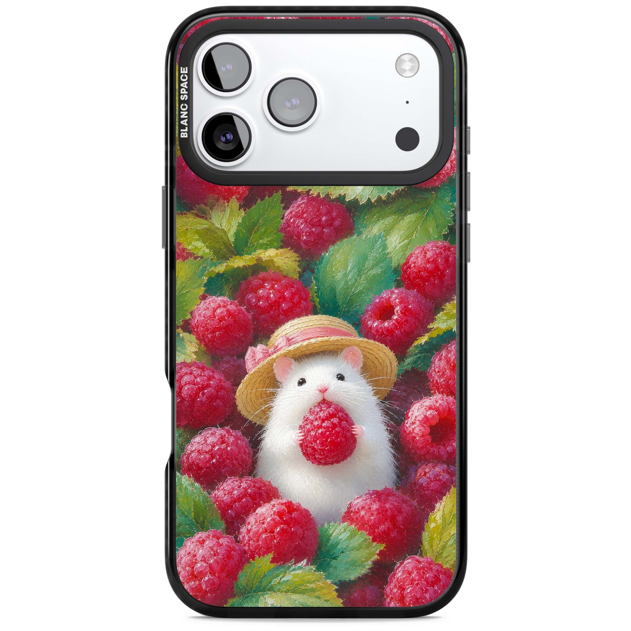 Berry Forager cottagecore iPhone case featuring a white hamster in a straw hat holding a raspberry surrounded by ripe ber | Clear Impact case for iPhone 17 Pro, iPhone 17 Pro Max