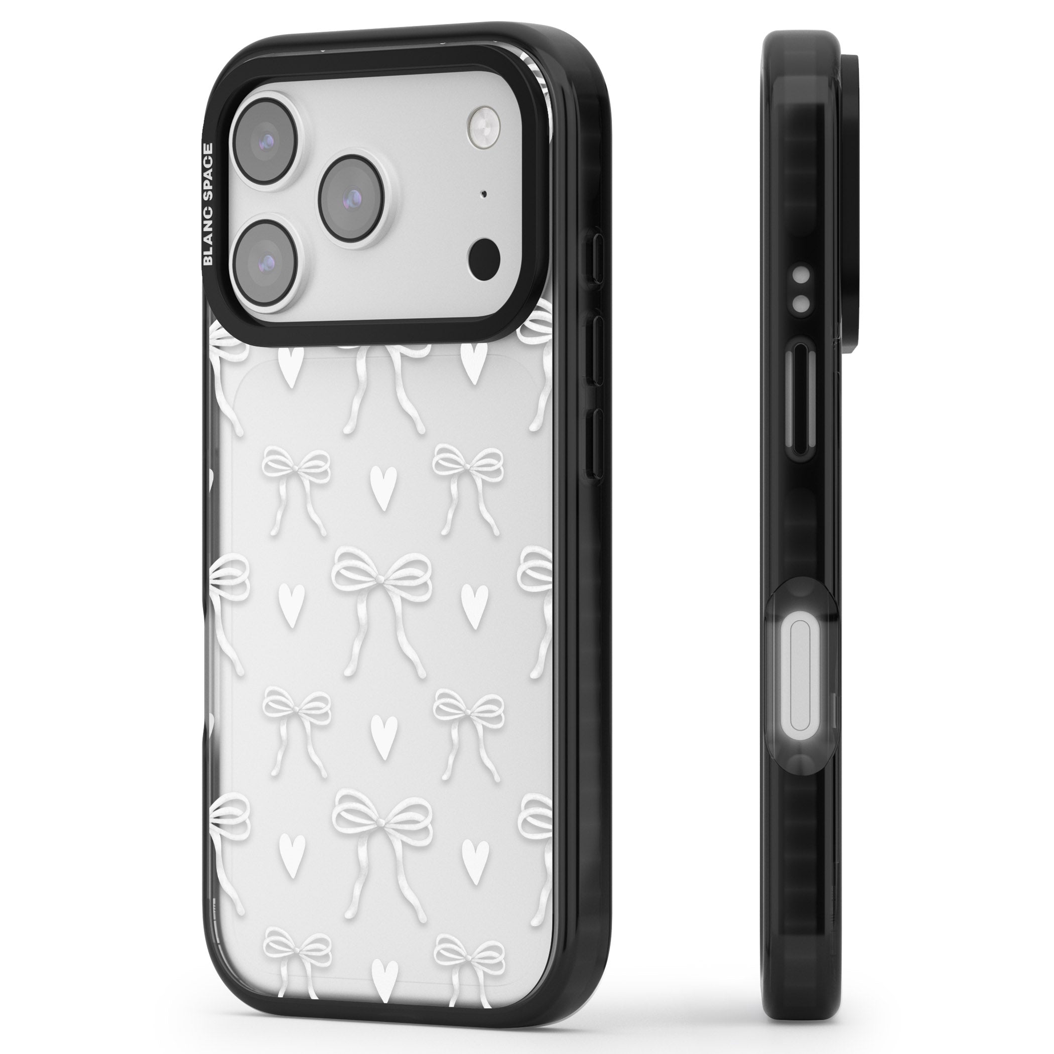 White Bows & Hearts iPhone 17 Pro Max Impact Black Phone Case Side Profile