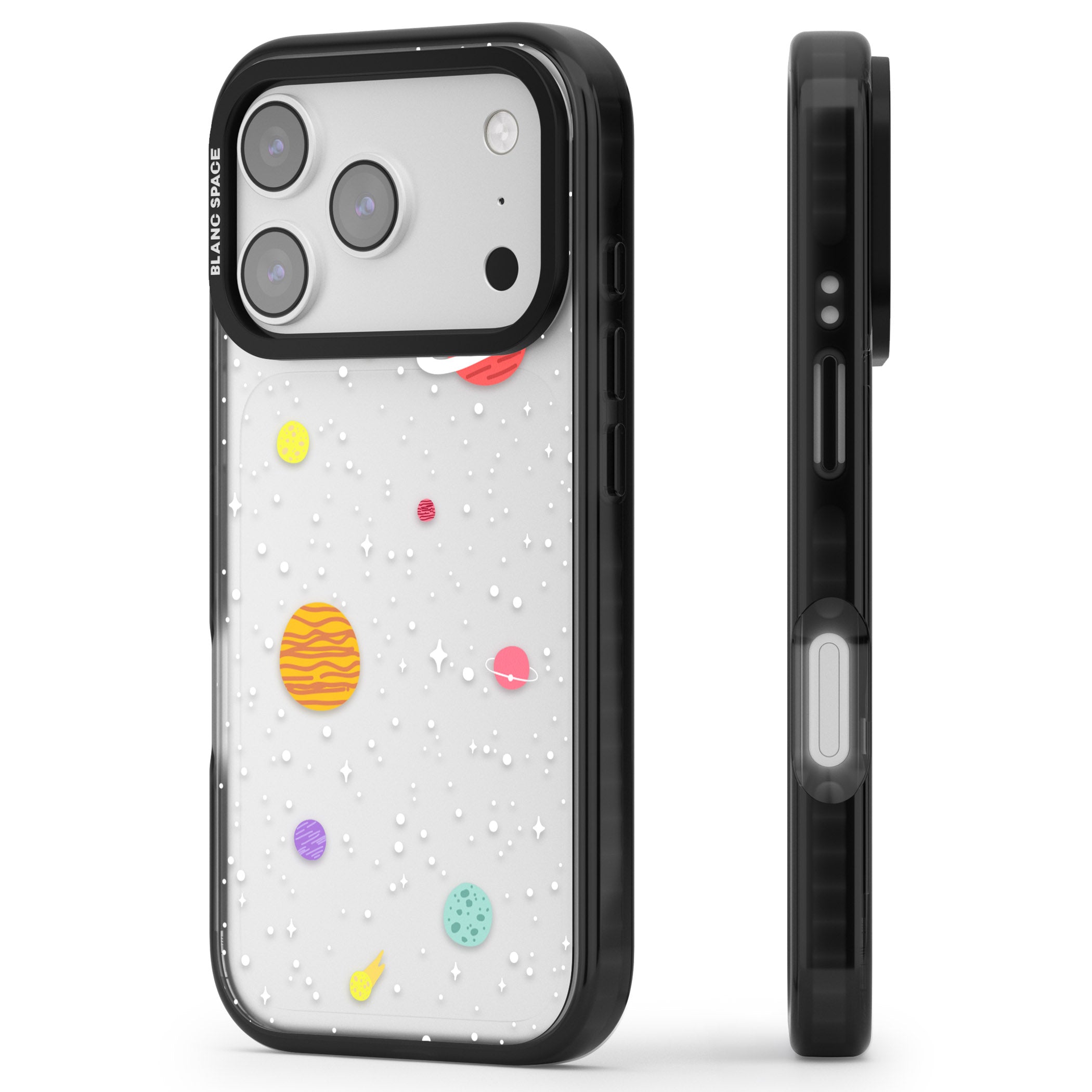 Cute Cartoon Planets (Clear) iPhone 17 Pro Impact Black Phone Case Side Profile