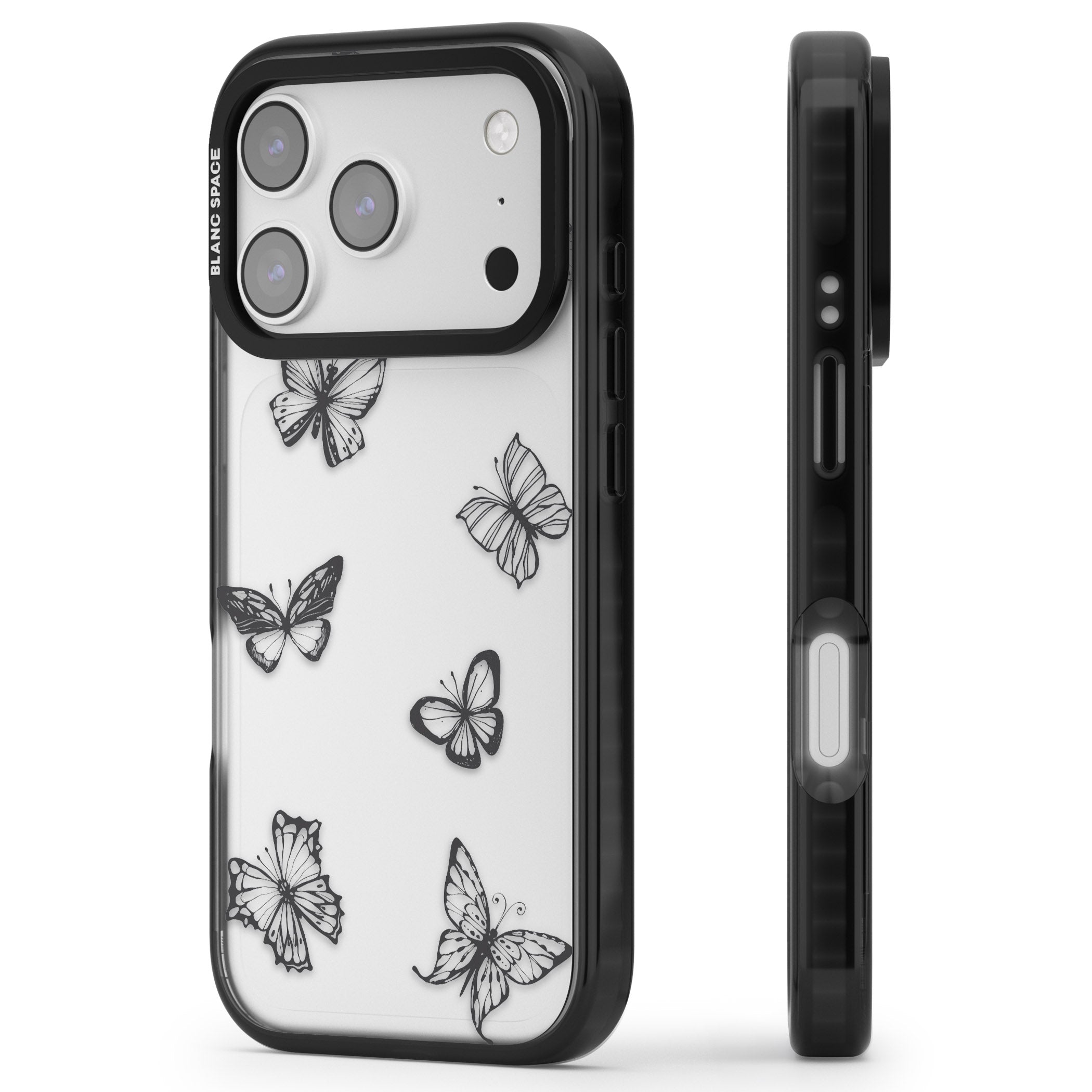 Grey Butterfly Line Pattern iPhone 17 Pro Impact Black Phone Case Side Profile