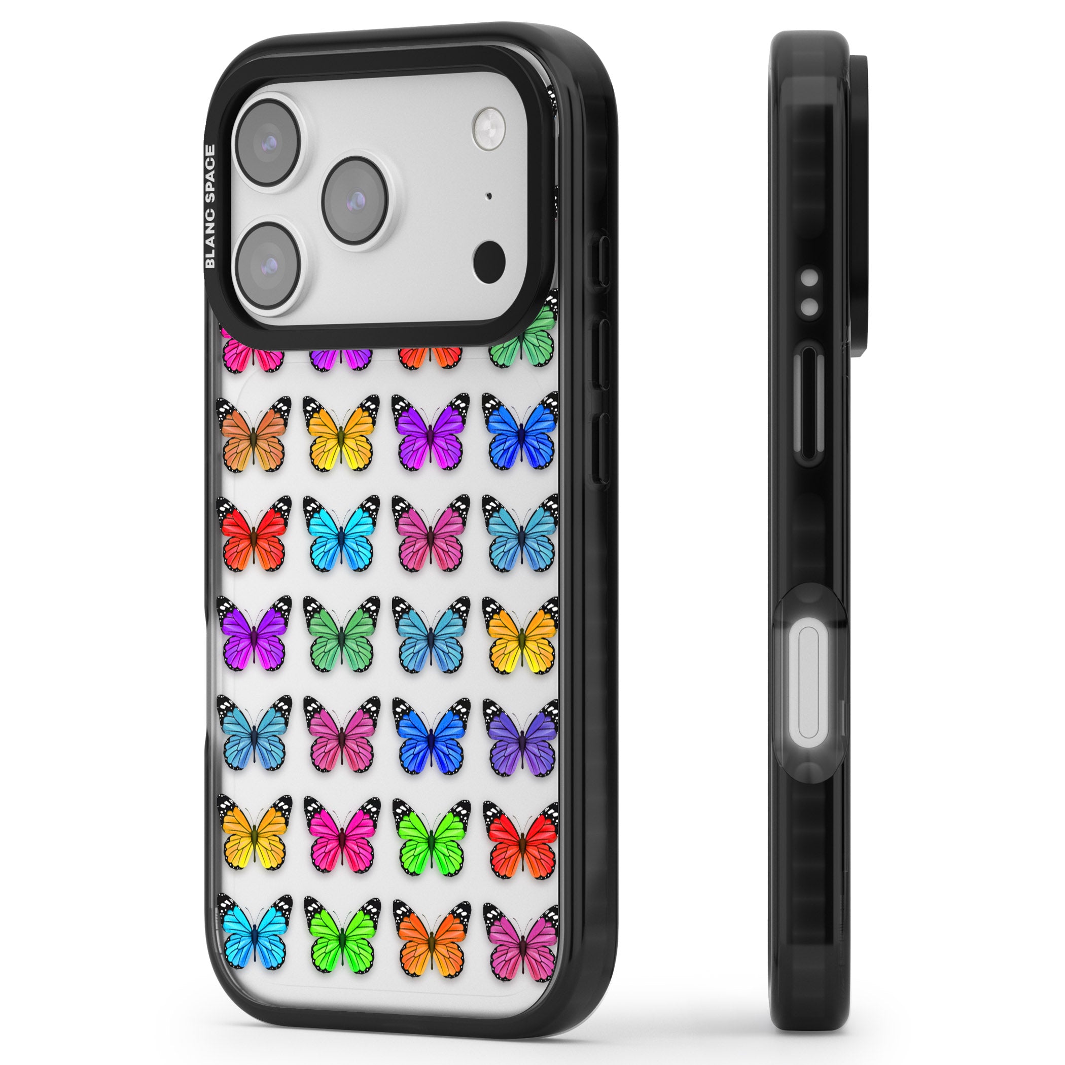 Colourful Butterfly Pattern iPhone 17 Pro Impact Black Phone Case Side Profile