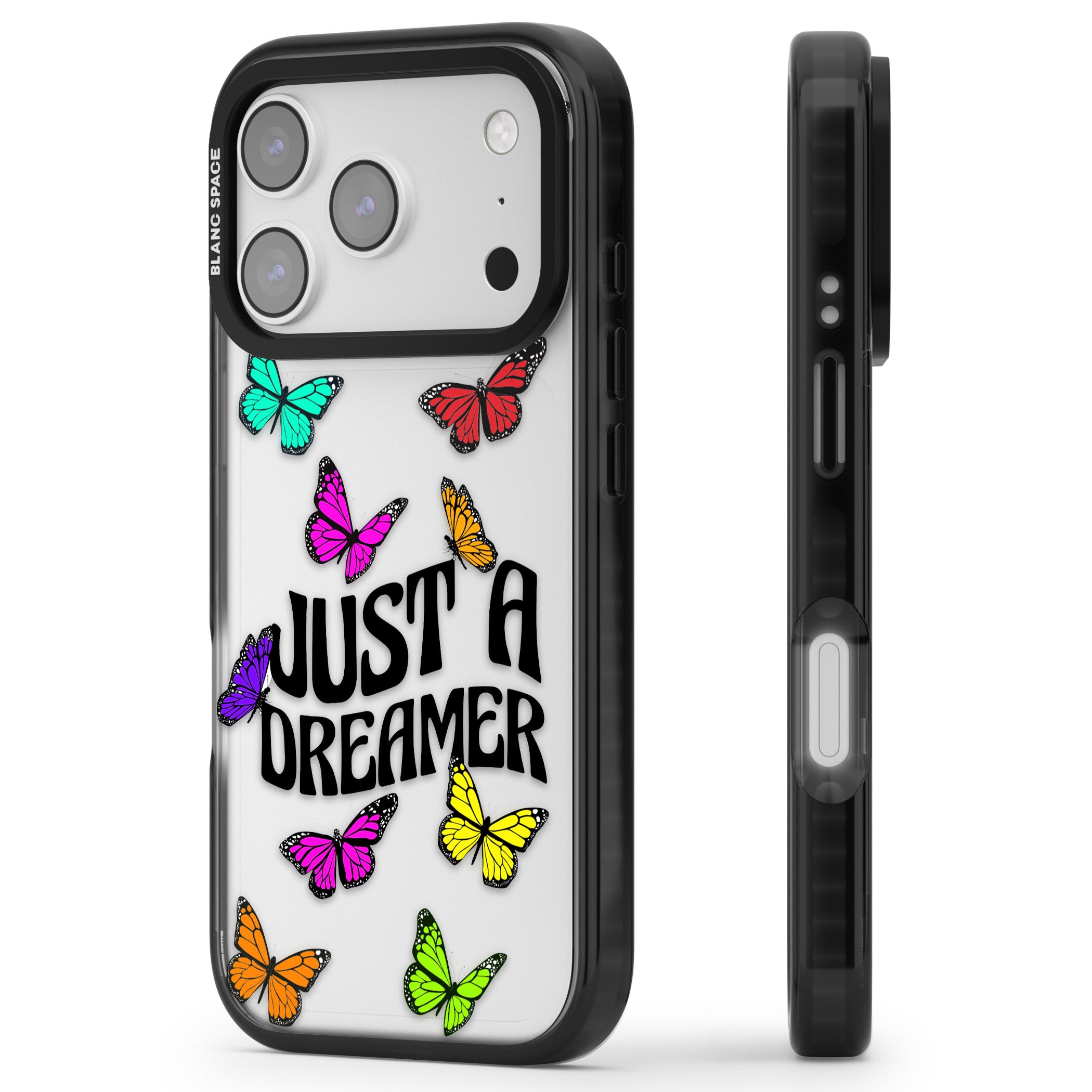 Just A Dreamer Butterfly iPhone 17 Pro Impact Black Phone Case Side Profile