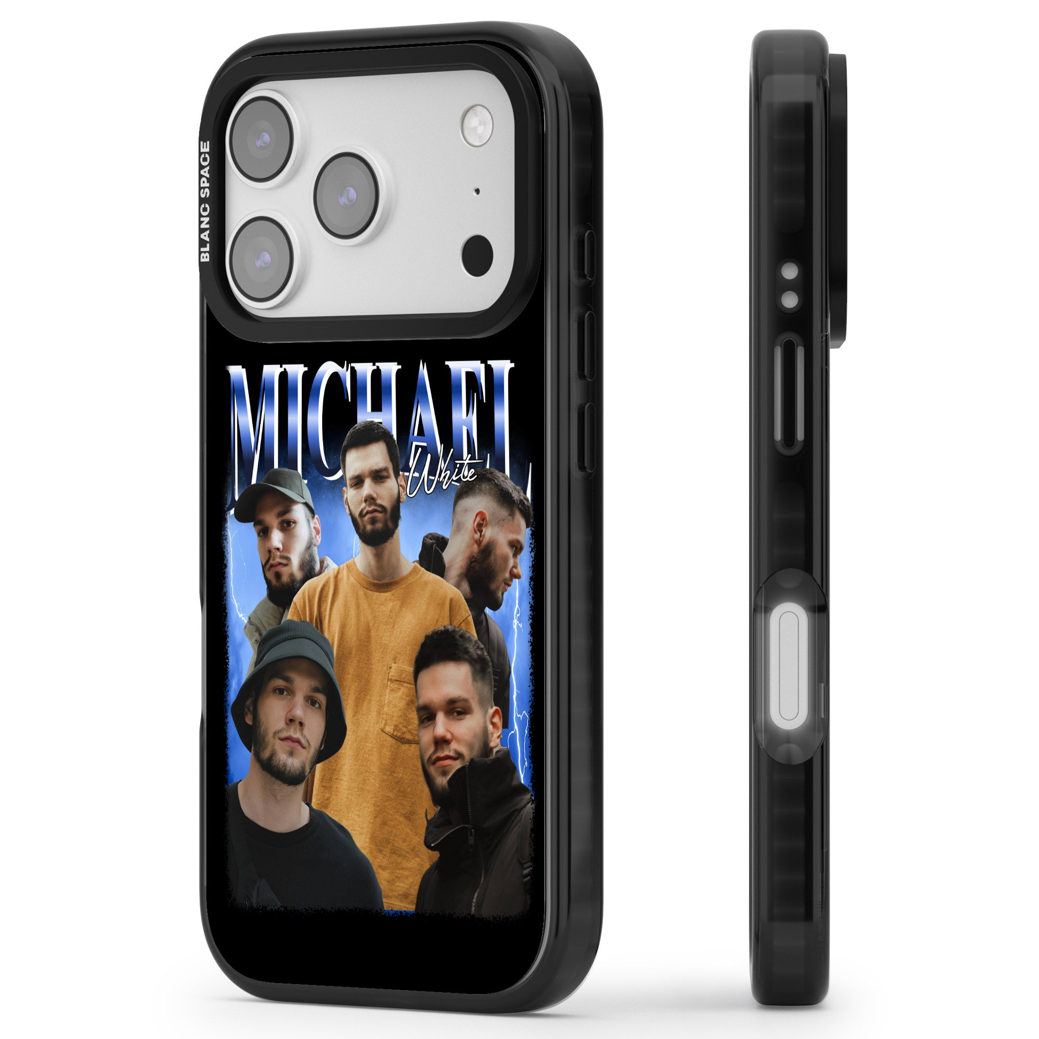 Personalised Airbrush Name & Photo Collage (Blue) iPhone 17 Pro Impact Black Phone Case Side Profile