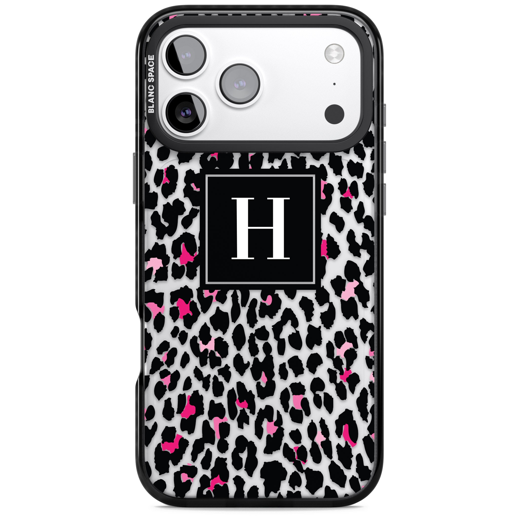 Personalised Clear Pink Leopard Monogram iPhone 17 Pro Impact Black Phone Case