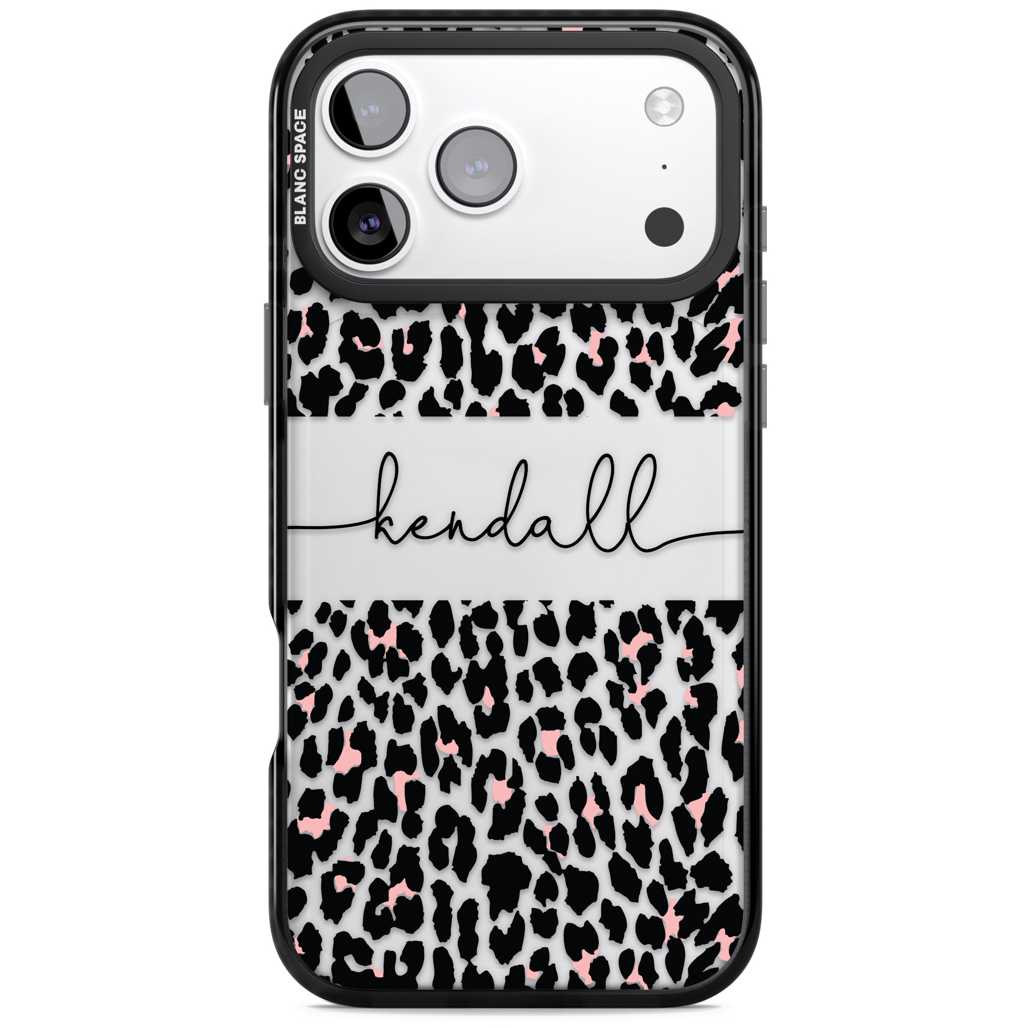 Personalised Cursive Leopard Spots iPhone 17 Pro Max Impact Black Phone Case
