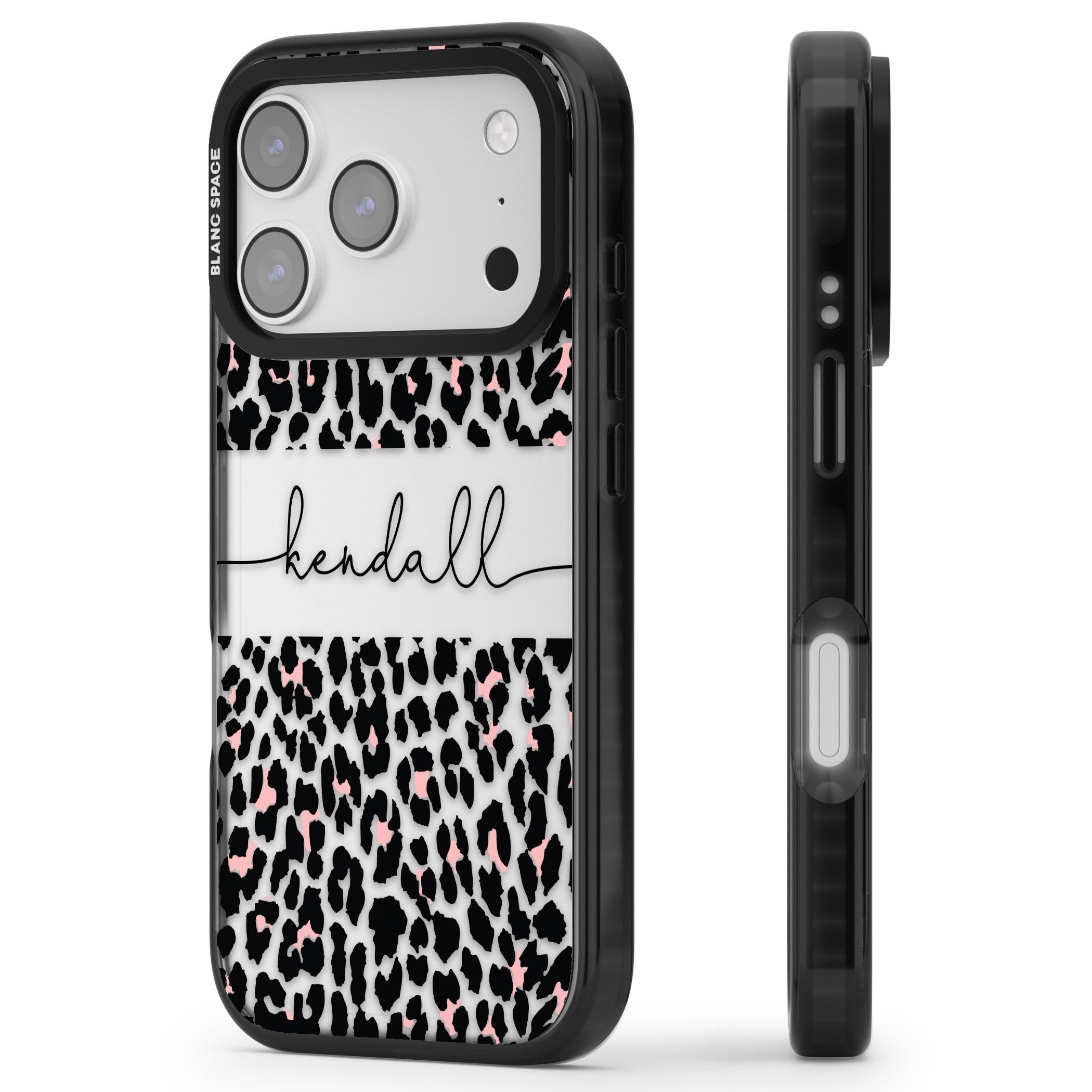 Personalised Cursive Leopard Spots iPhone 17 Pro Max Impact Black Phone Case Side Profile