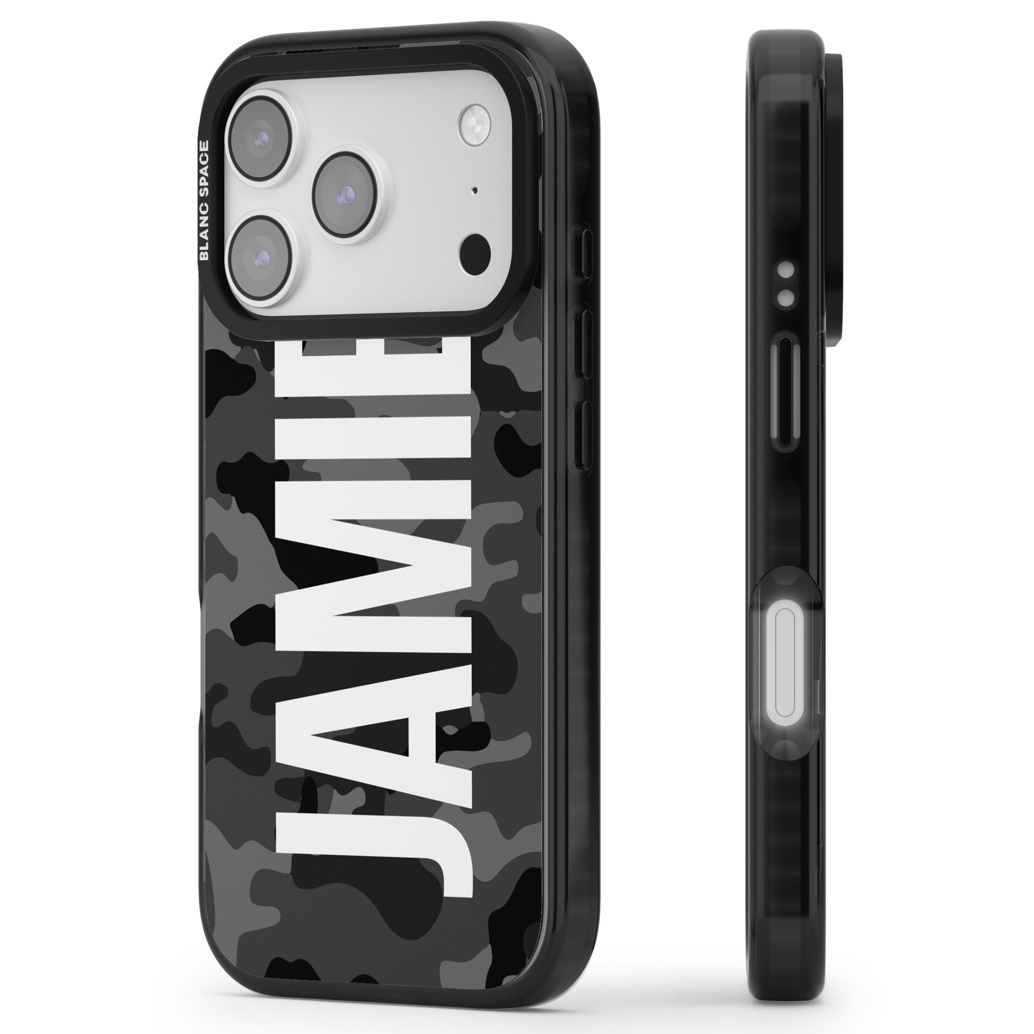 Personalised Black Camo Name Vertical iPhone 17 Pro Impact Black Phone Case Side Profile