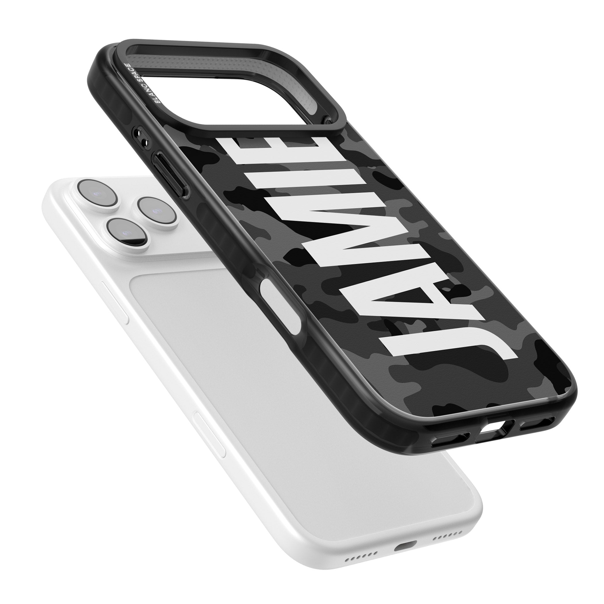 Personalised Black Camo Name Vertical iPhone 17 Pro Impact Black Phone Case Colours