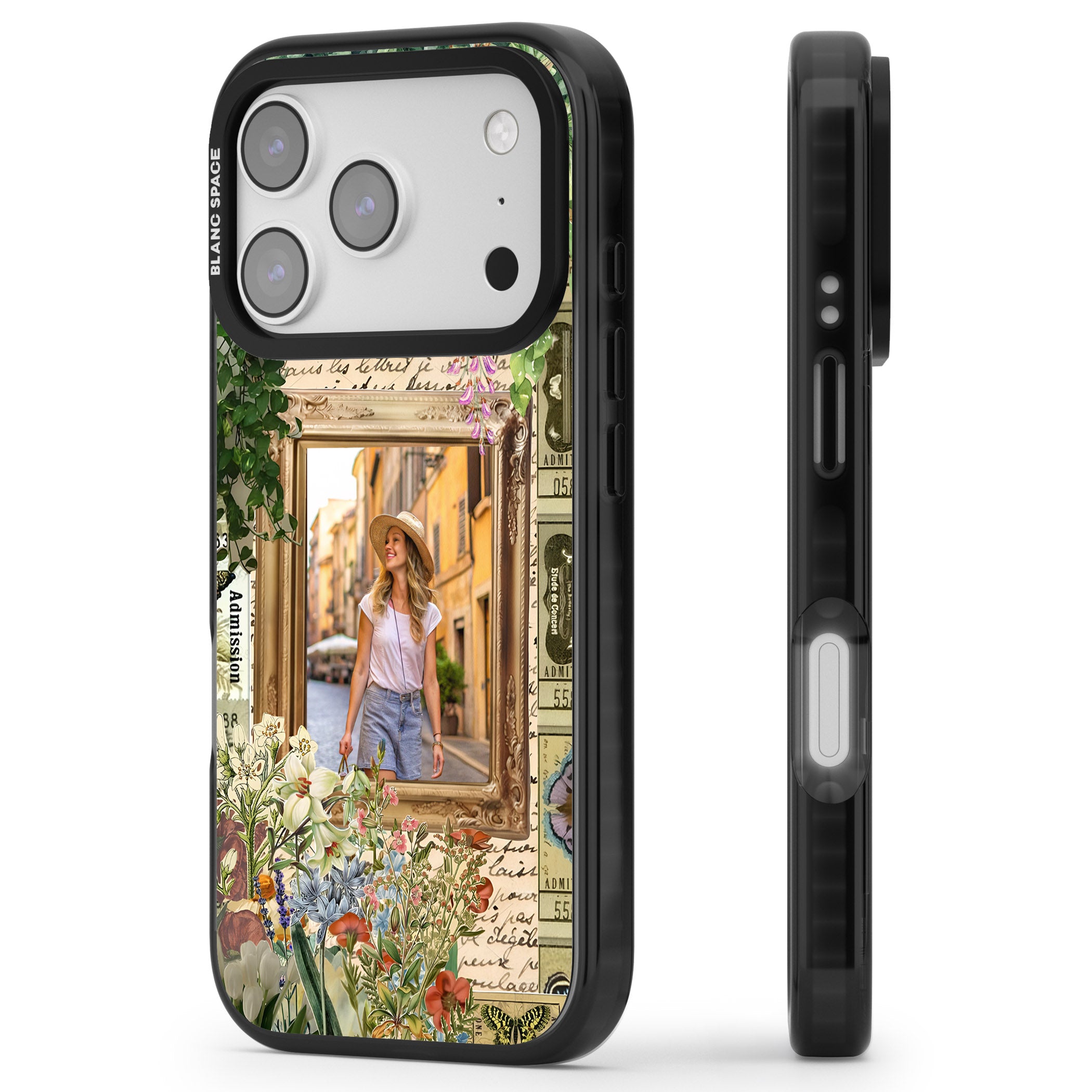Personalised Tuscan Floral Collage Frame iPhone 17 Pro Impact Black Phone Case Side Profile
