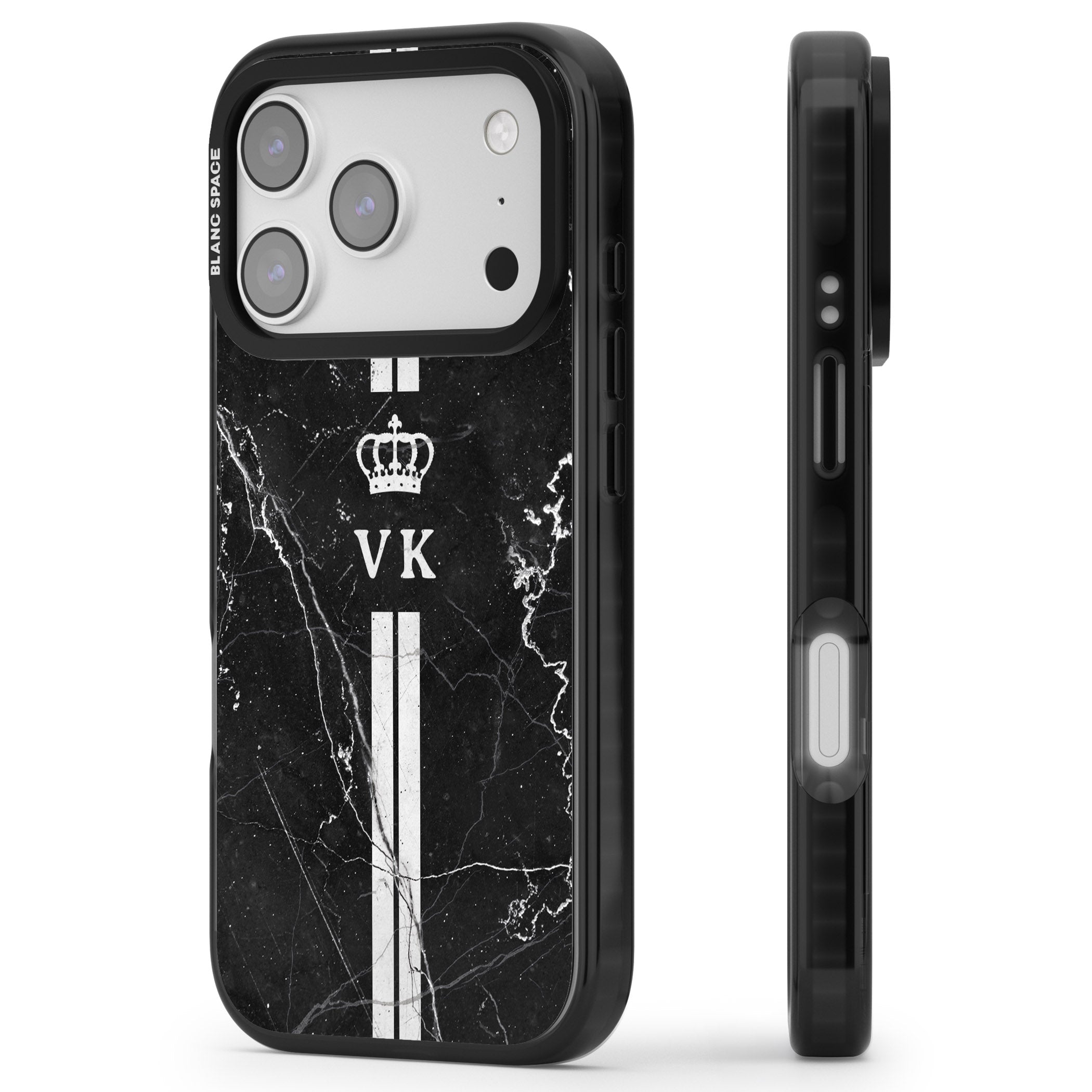 Personalised Black Marble Stripe Initials iPhone 17 Pro Impact Black Phone Case Side Profile