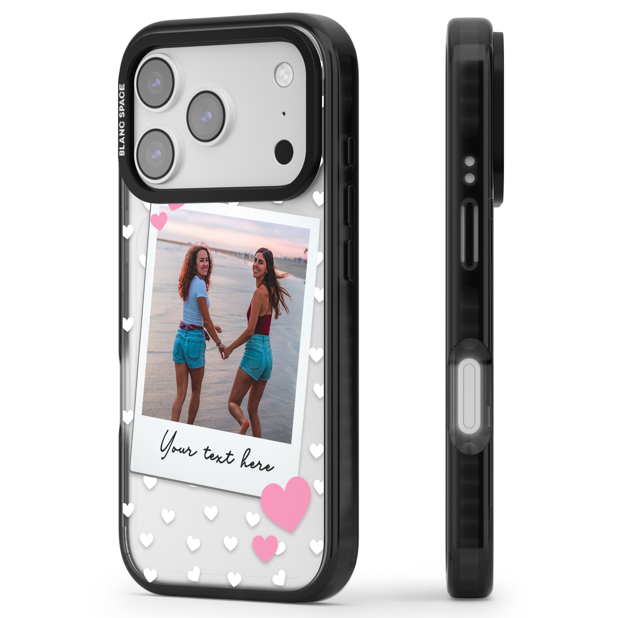 Personalised Hearts Instant Camera Photo iPhone 17 Pro Impact Black Phone Case Side Profile
