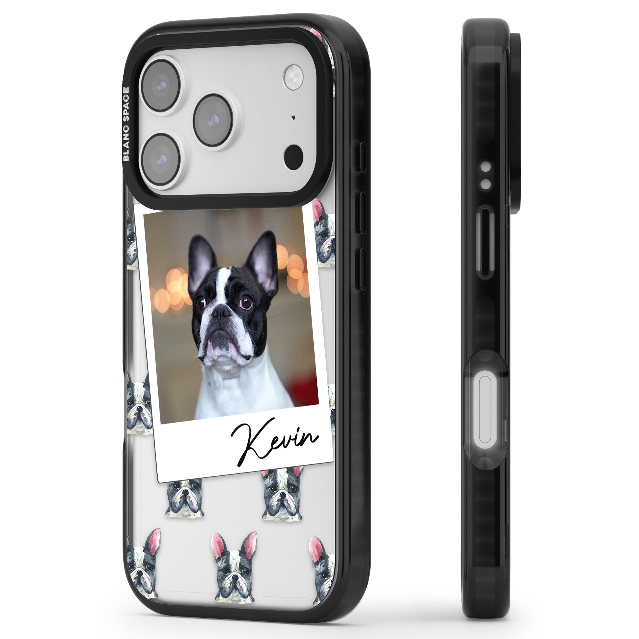 Personalised Black & White French Bulldog Instant Camera Photo iPhone 17 Pro Impact Black Phone Case Side Profile