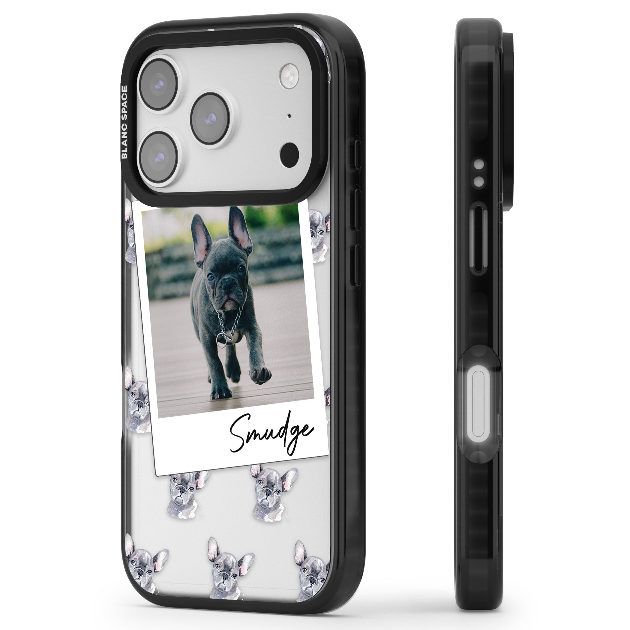 Personalised Grey French Bulldog Instant Camera Photo iPhone 17 Pro Impact Black Phone Case Side Profile