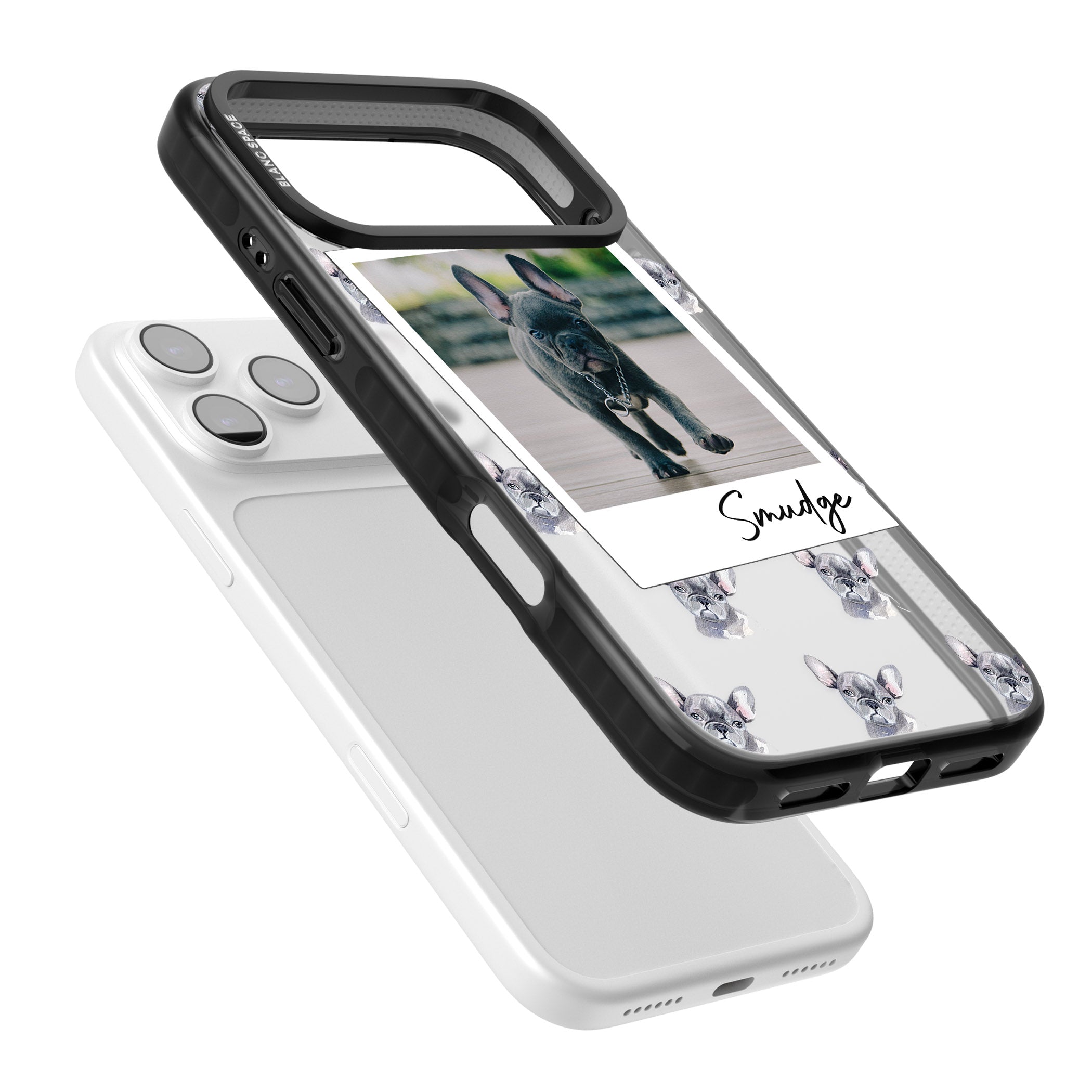 Personalised Grey French Bulldog Instant Camera Photo iPhone 17 Pro Impact Black Phone Case Colours