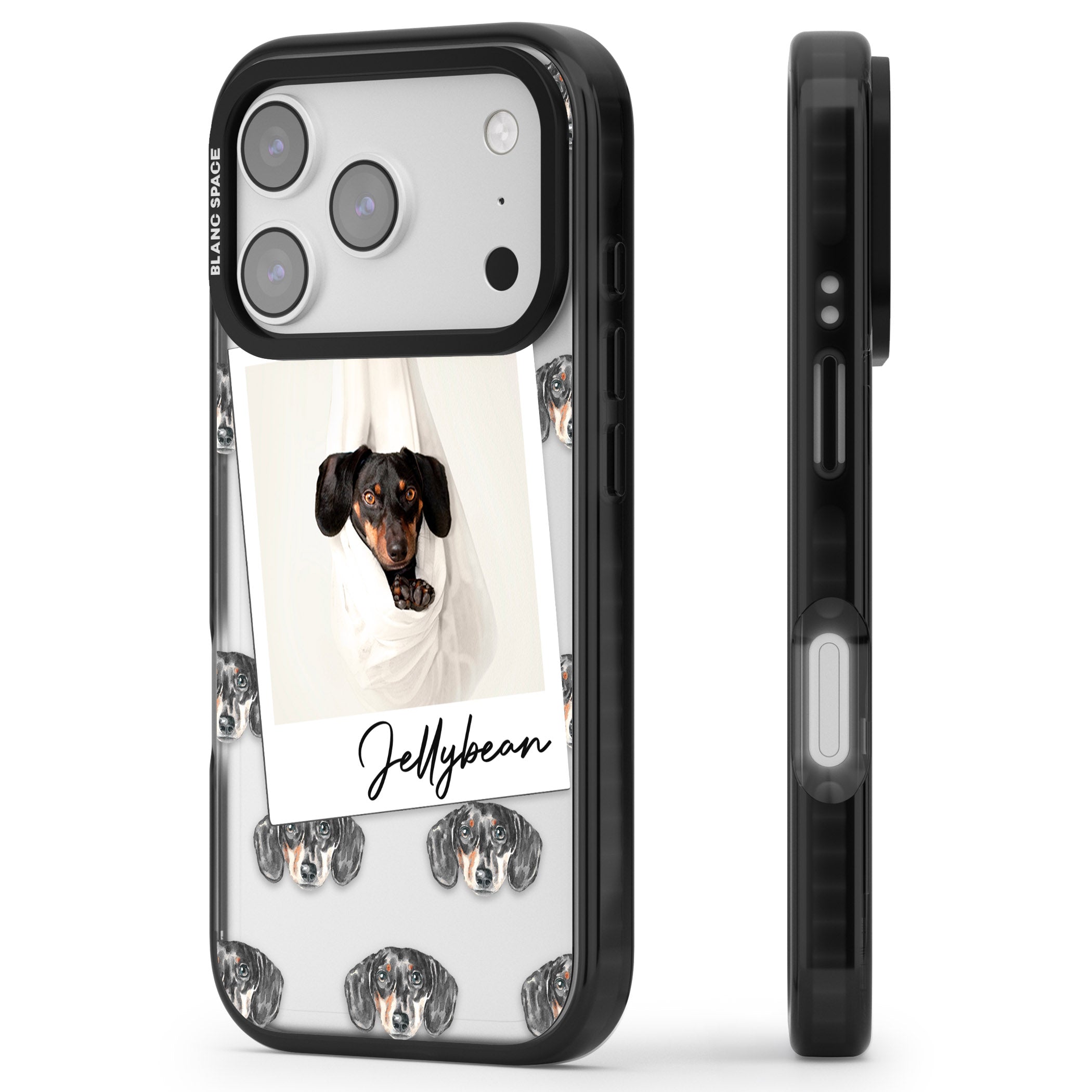 Personalised Black Dachshund Instant Camera Photo iPhone 17 Pro Max Impact Black Phone Case Side Profile