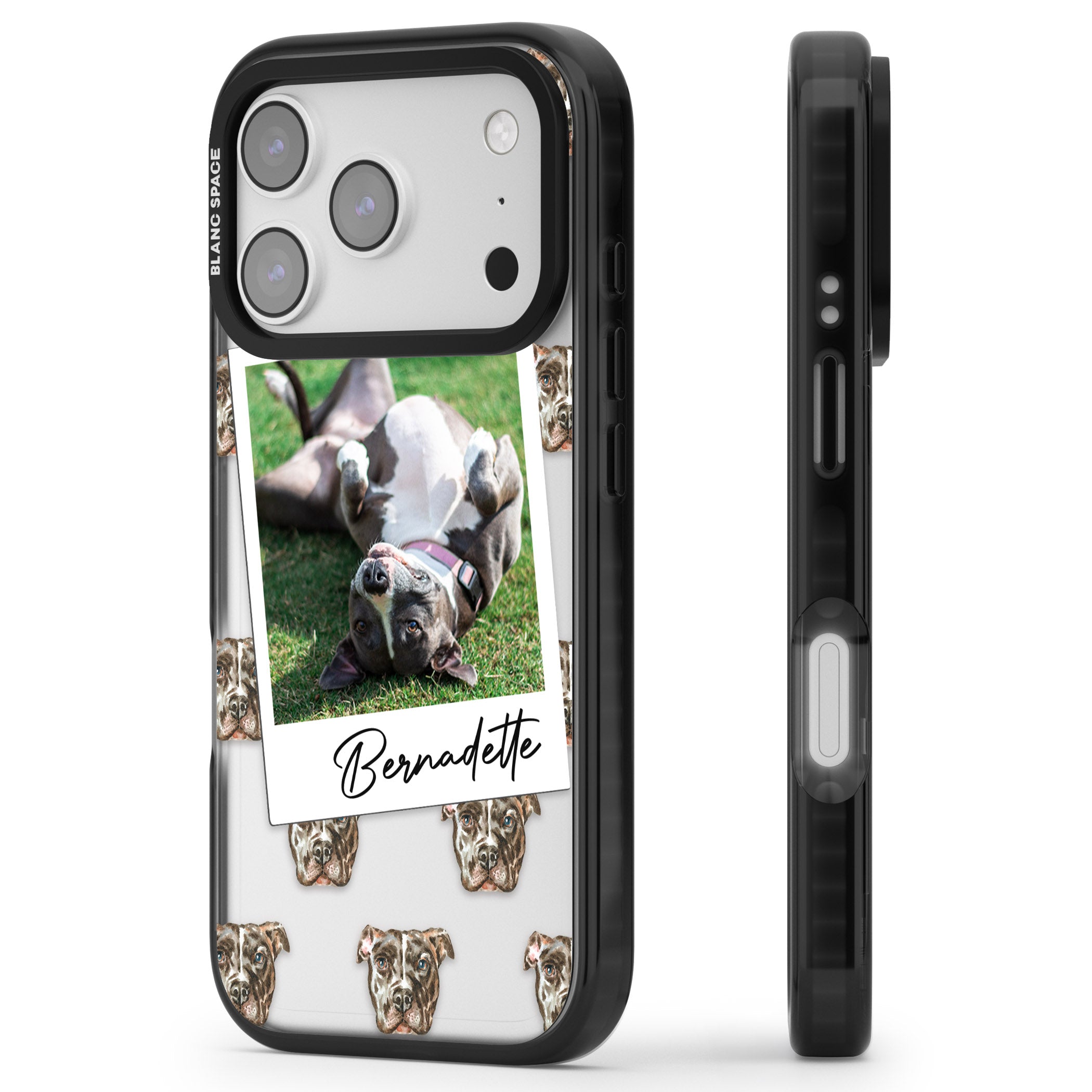 Personalised Staffordshire Bull Terrier Instant Camera Photo iPhone 17 Pro Max Impact Black Phone Case Side Profile