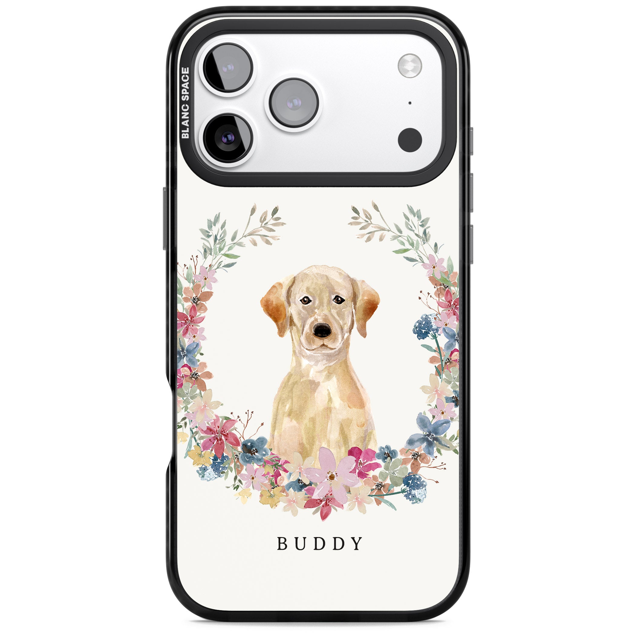 Personalised Yellow Labrador Retriever Floral Portrait iPhone 17 Pro Max Impact Black Phone Case