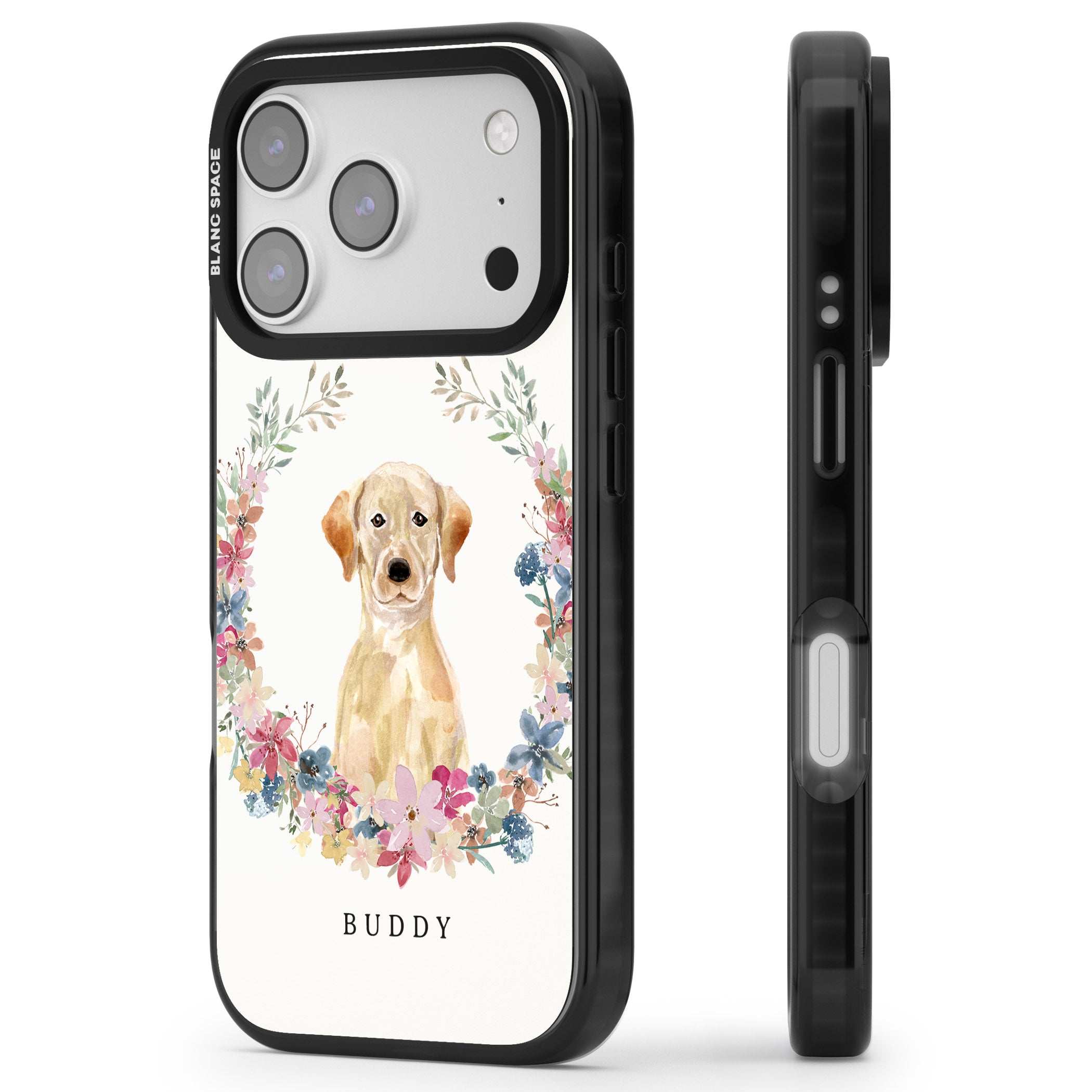 Personalised Yellow Labrador Retriever Floral Portrait iPhone 17 Pro Max Impact Black Phone Case Side Profile