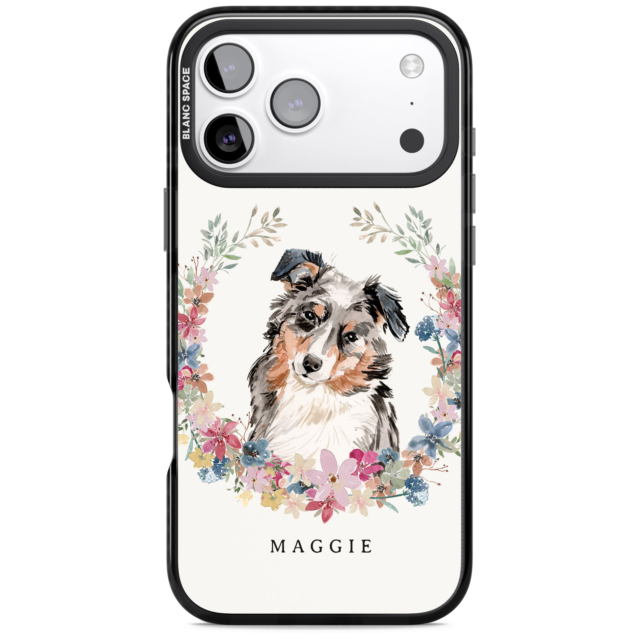 Personalised Australian Shepherd Floral Portrait iPhone 17 Pro Impact Black Phone Case