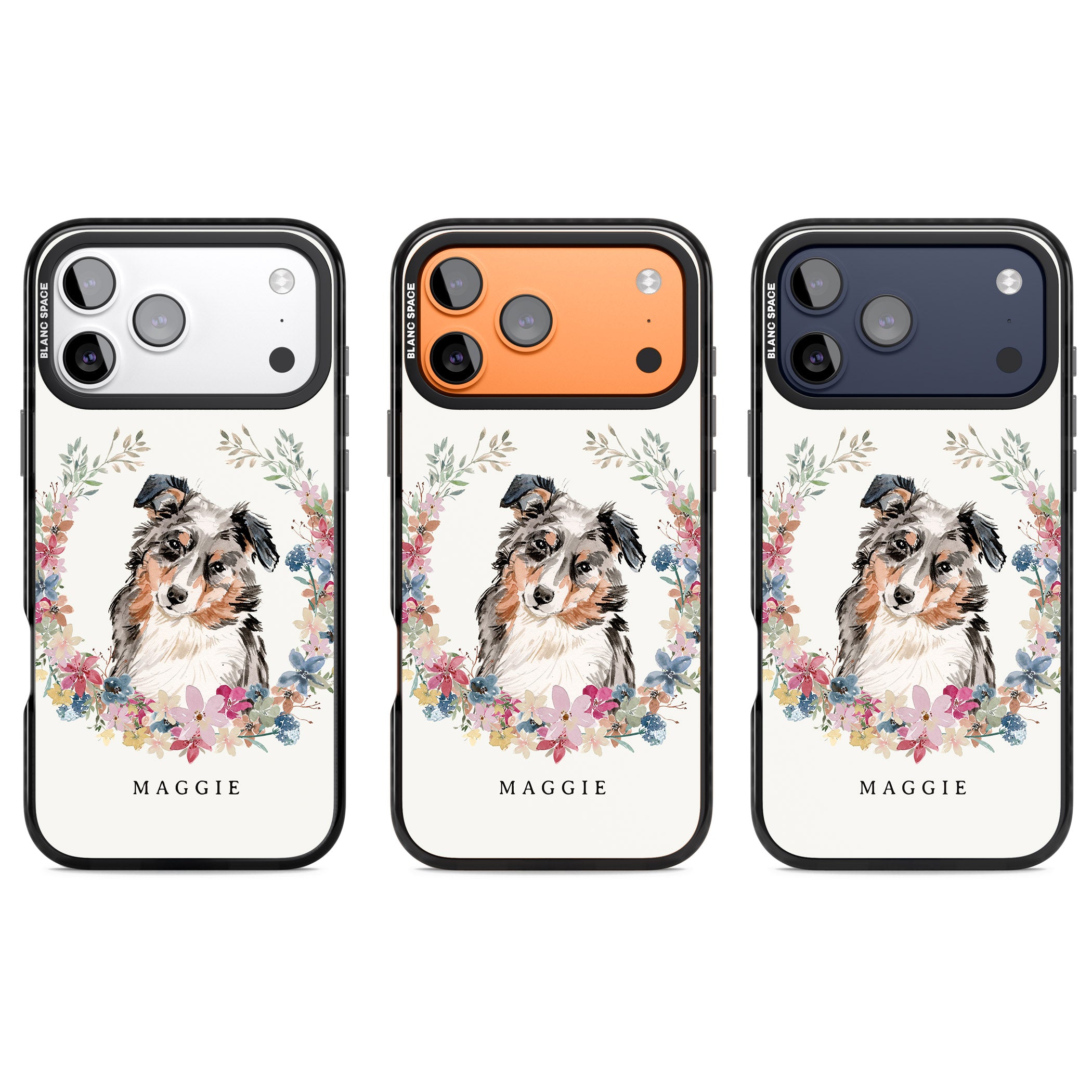Personalised Australian Shepherd Floral Portrait iPhone 17 Pro Impact Black Phone Case APT Impact Protection