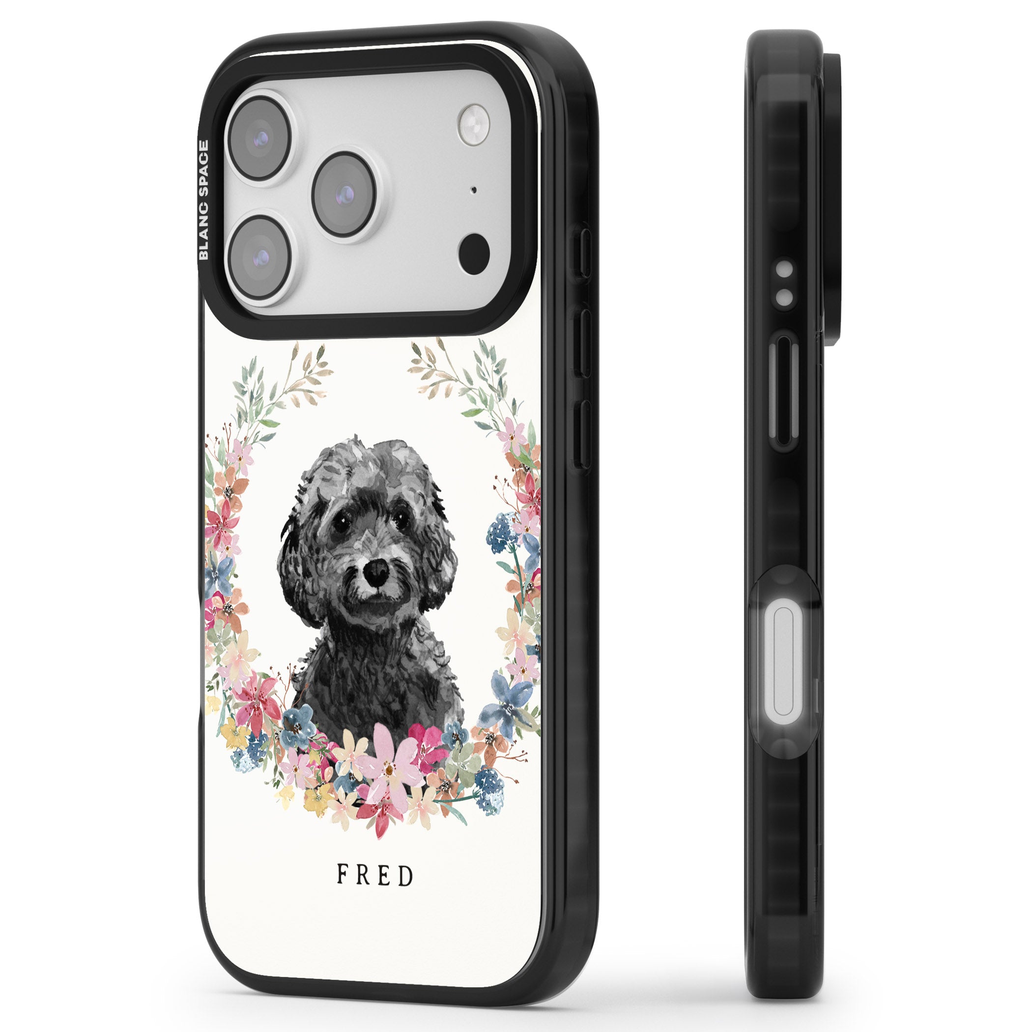 Personalised Black Cockapoo Floral Portrait iPhone 17 Pro Impact Black Phone Case Side Profile