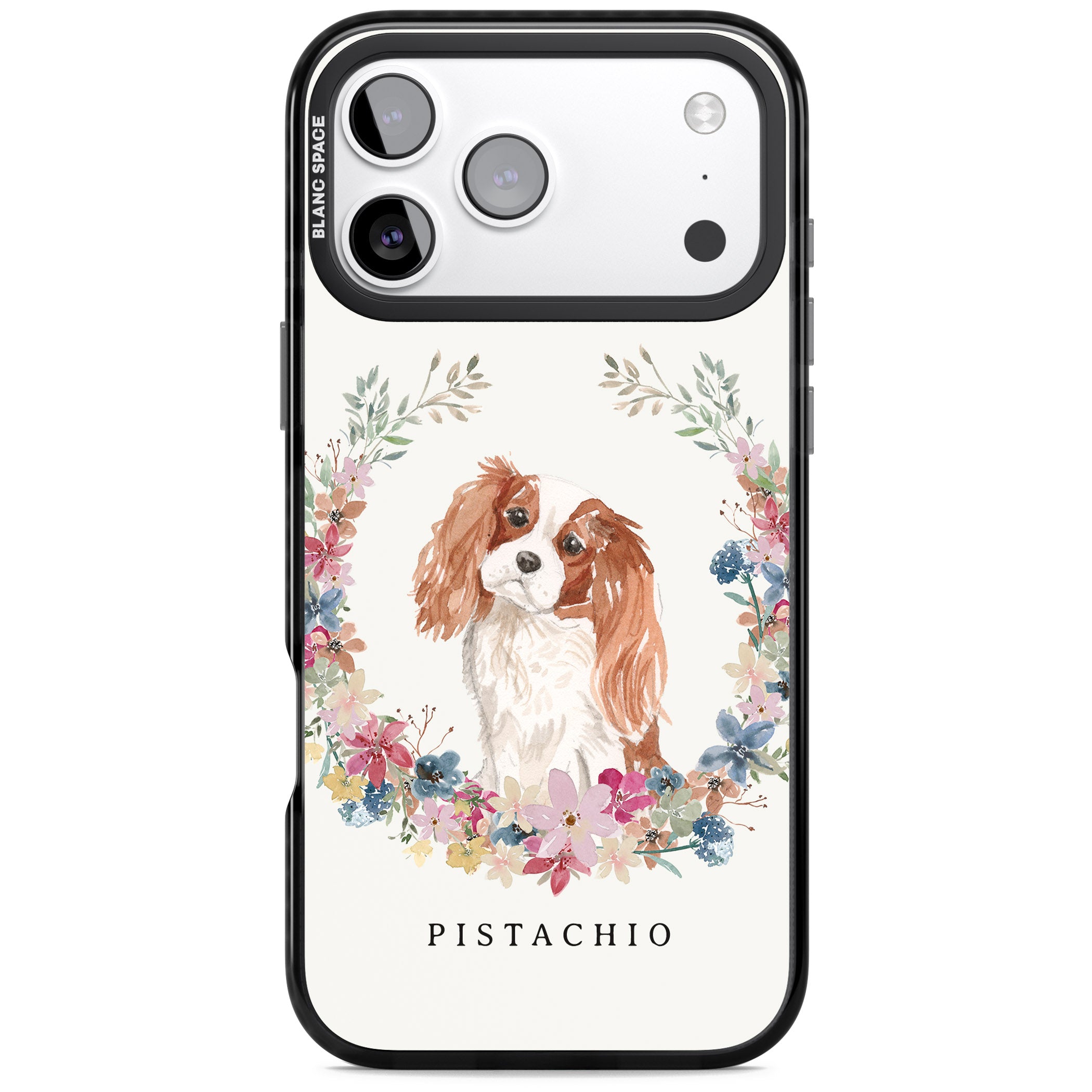 Personalised Cavalier King Charles Floral Portrait iPhone 17 Pro Impact Black Phone Case