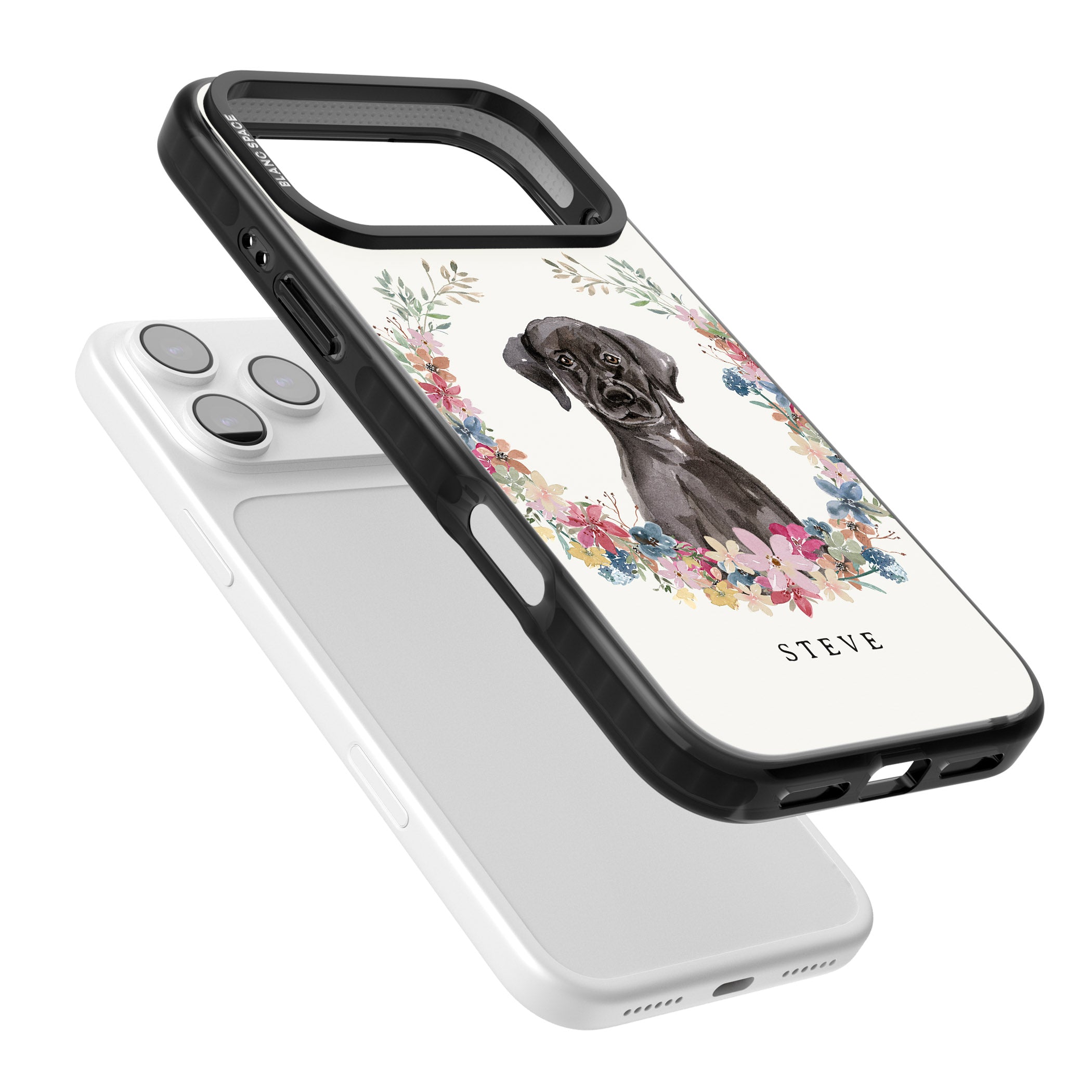 Personalised Black Labrador Floral Portrait iPhone 17 Pro Impact Black Phone Case Colours
