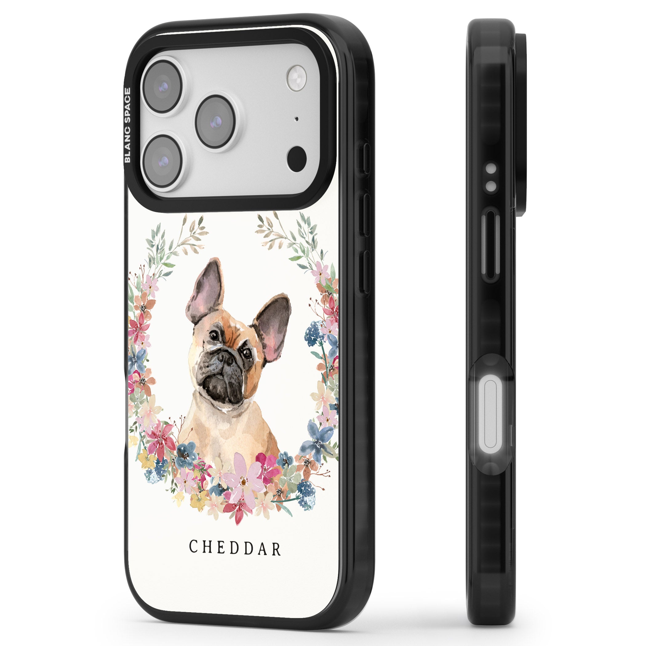 Personalised Tan French Bulldog Floral Portrait iPhone 17 Pro Max Impact Black Phone Case Side Profile