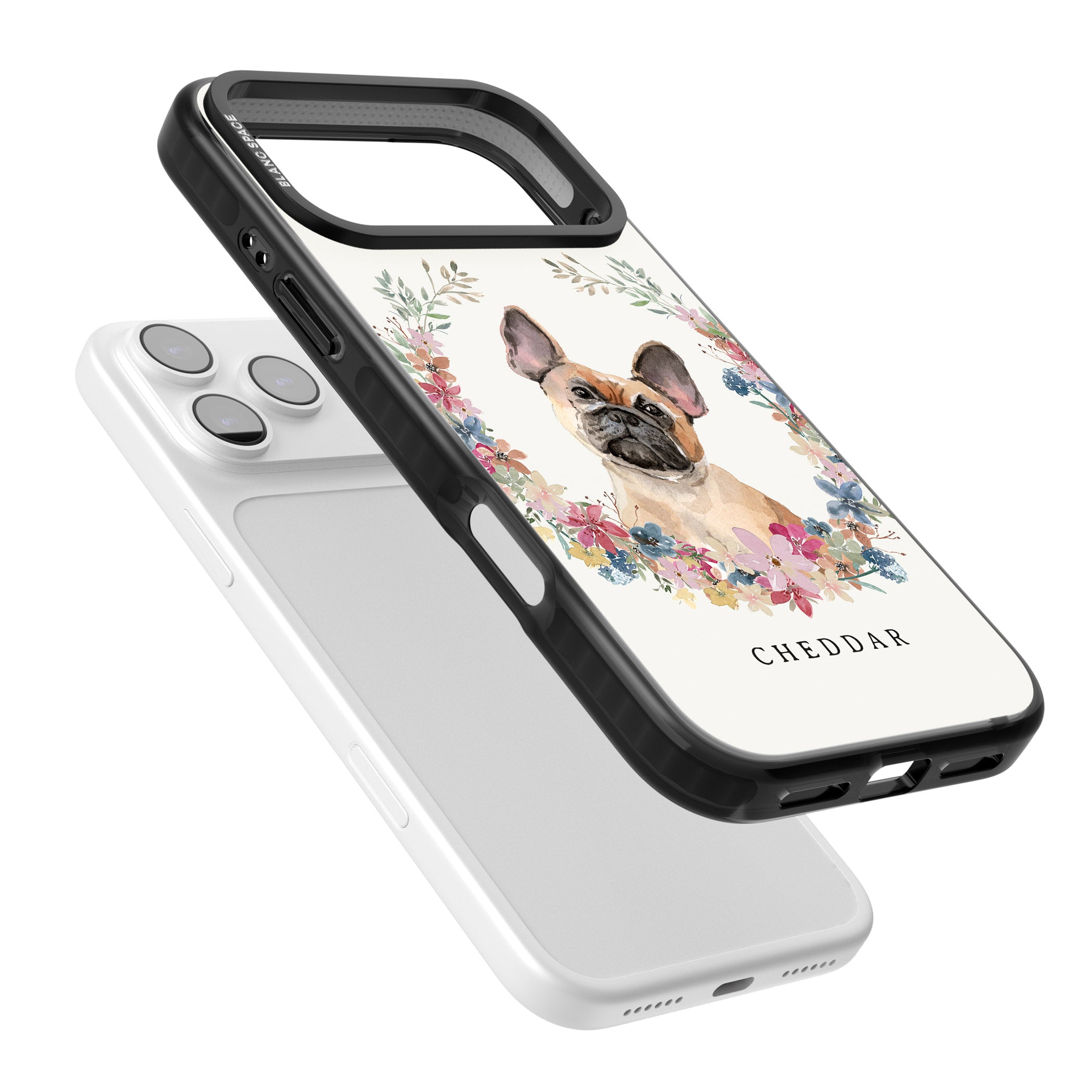 Personalised Tan French Bulldog Floral Portrait iPhone 17 Pro Max Impact Black Phone Case Colours