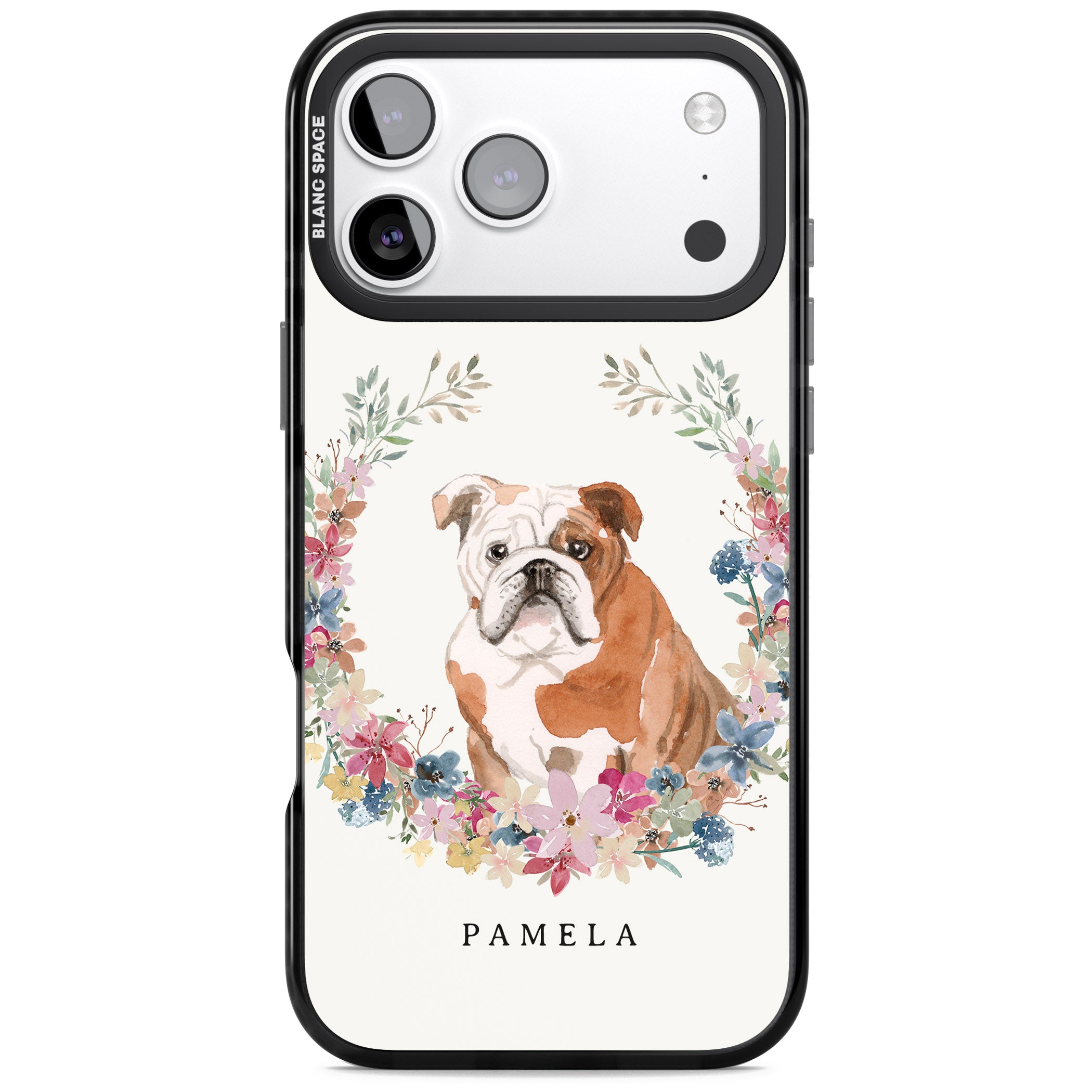Personalised English Bulldog Floral Portrait iPhone 17 Pro Impact Black Phone Case