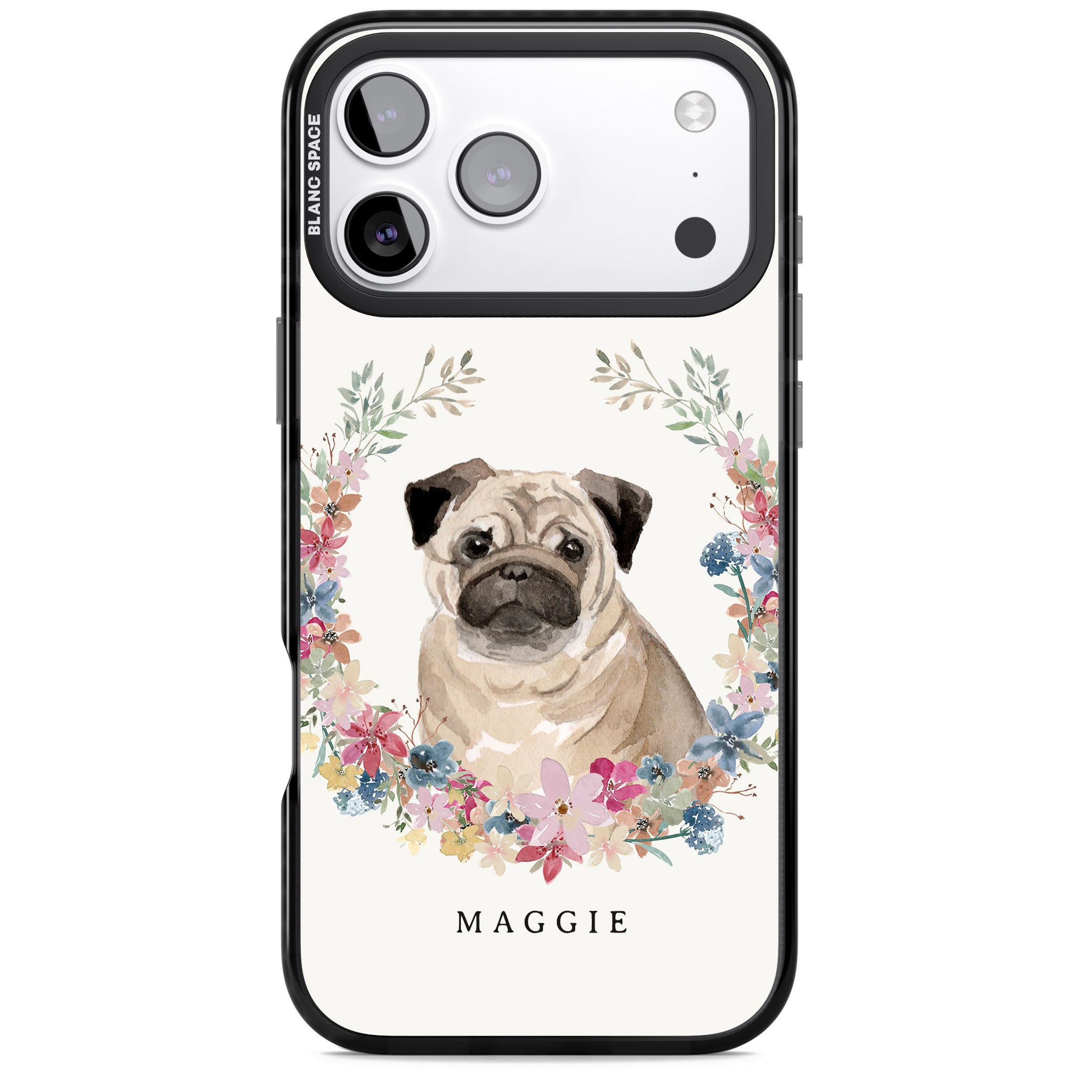 Personalised Pug Floral Portrait iPhone 17 Pro Max Impact Black Phone Case
