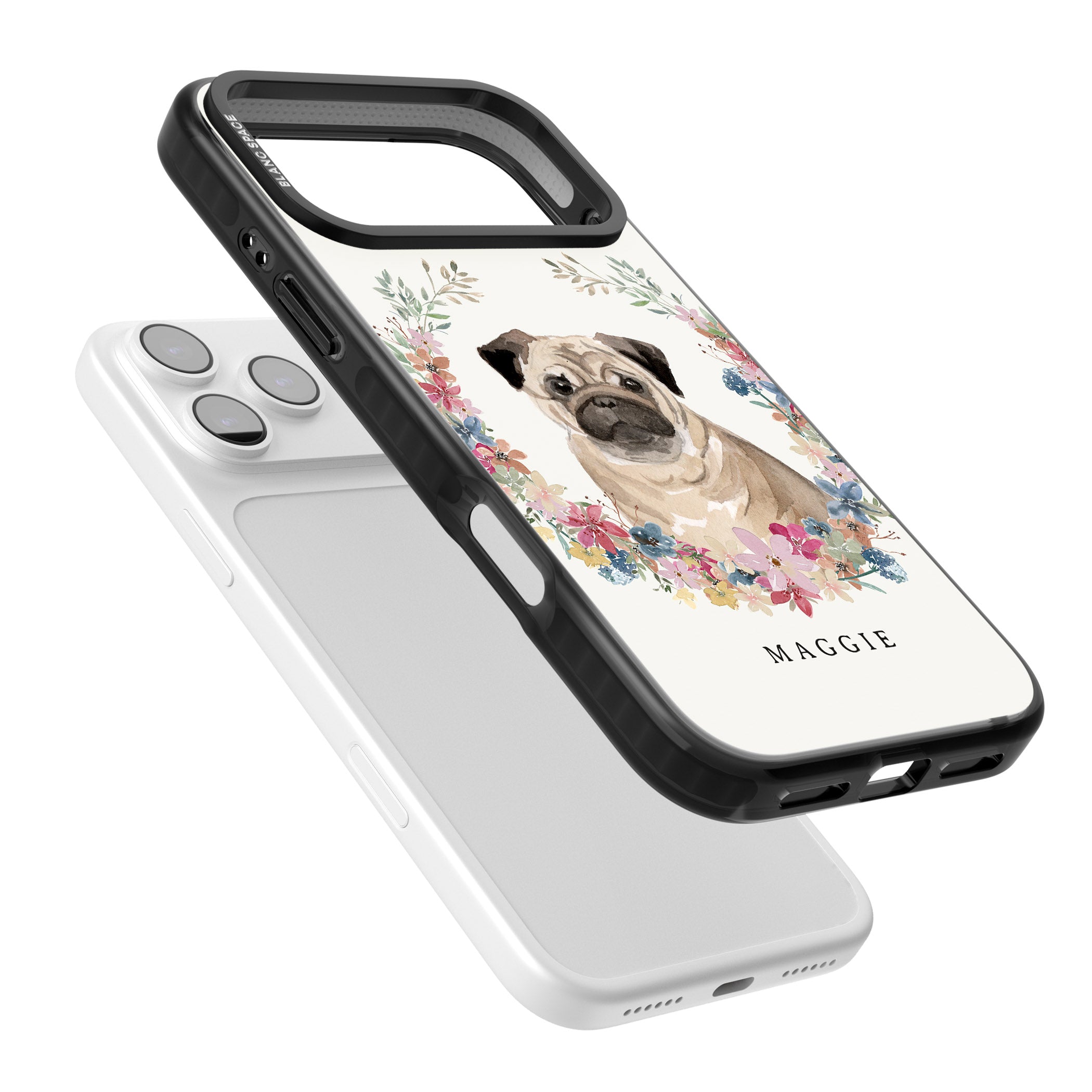 Personalised Pug Floral Portrait iPhone 17 Pro Max Impact Black Phone Case Colours