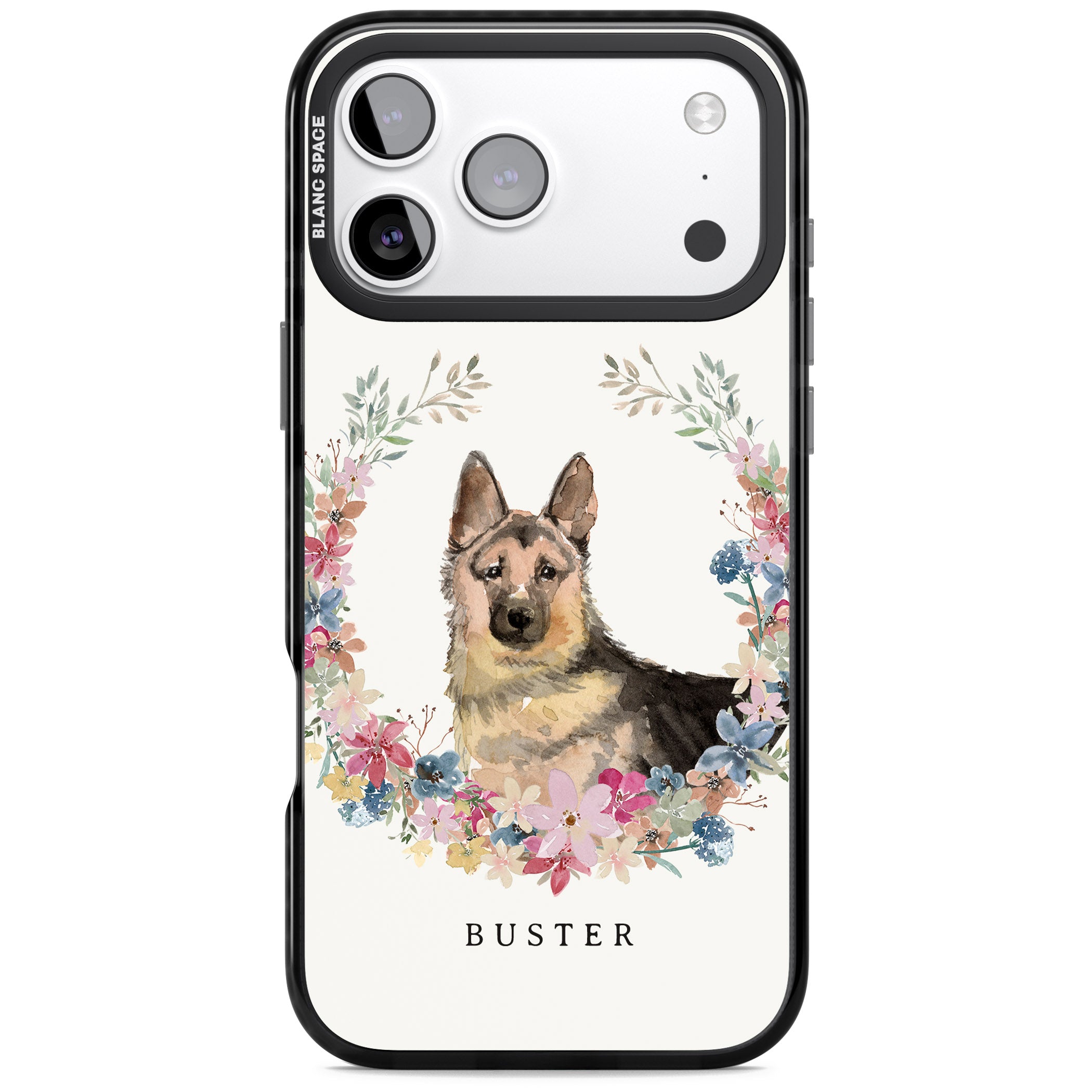 Personalised German Shepherd Floral Portrait iPhone 17 Pro Max Impact Black Phone Case