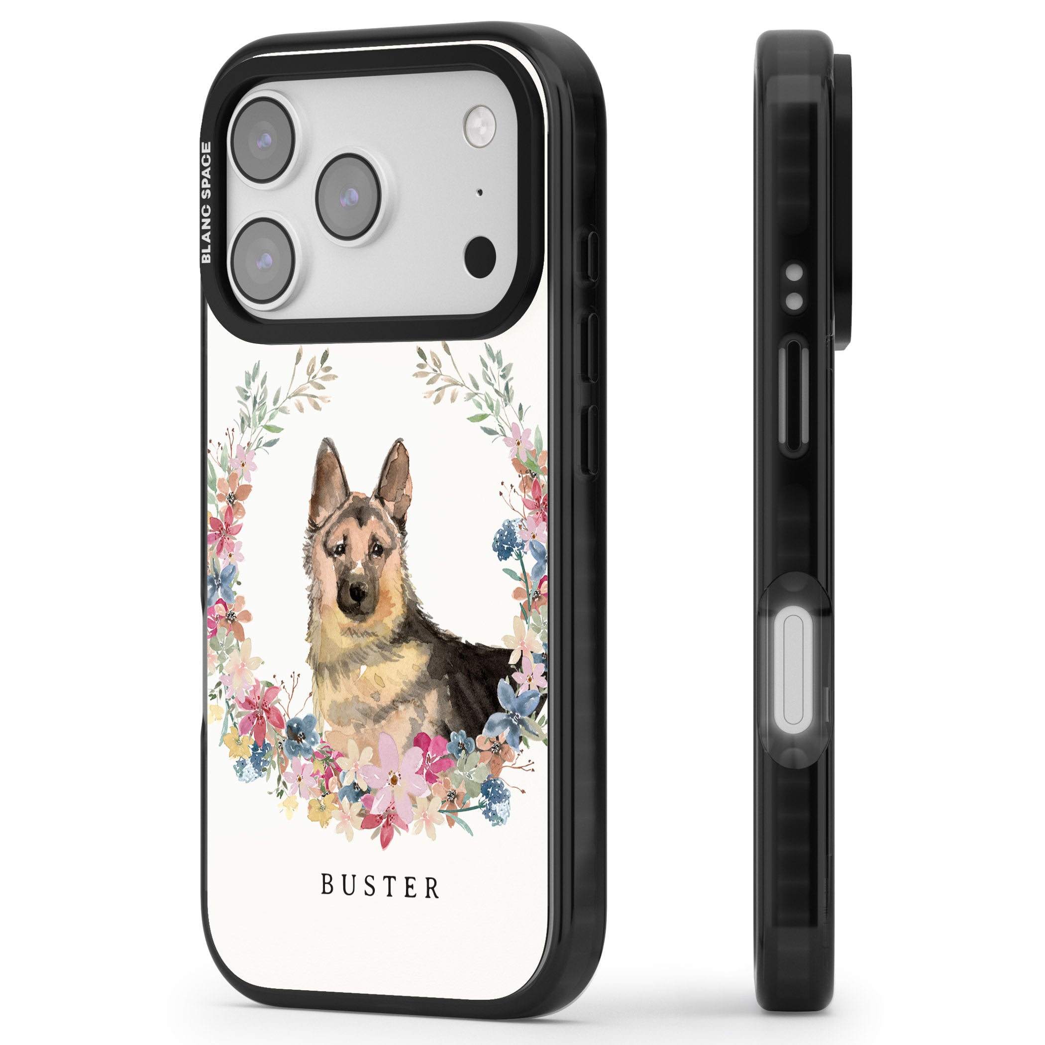 Personalised German Shepherd Floral Portrait iPhone 17 Pro Max Impact Black Phone Case Side Profile