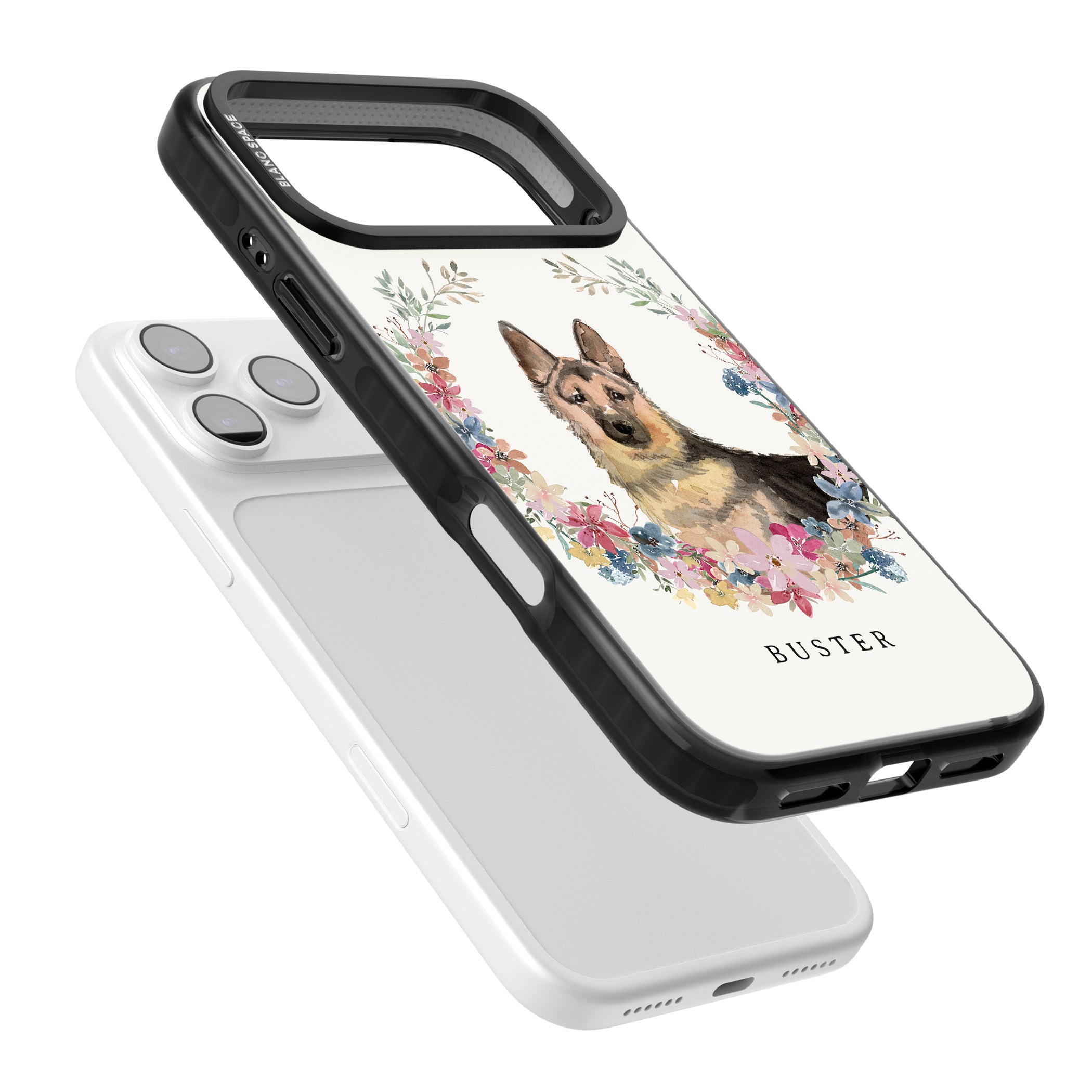 Personalised German Shepherd Floral Portrait iPhone 17 Pro Max Impact Black Phone Case Colours