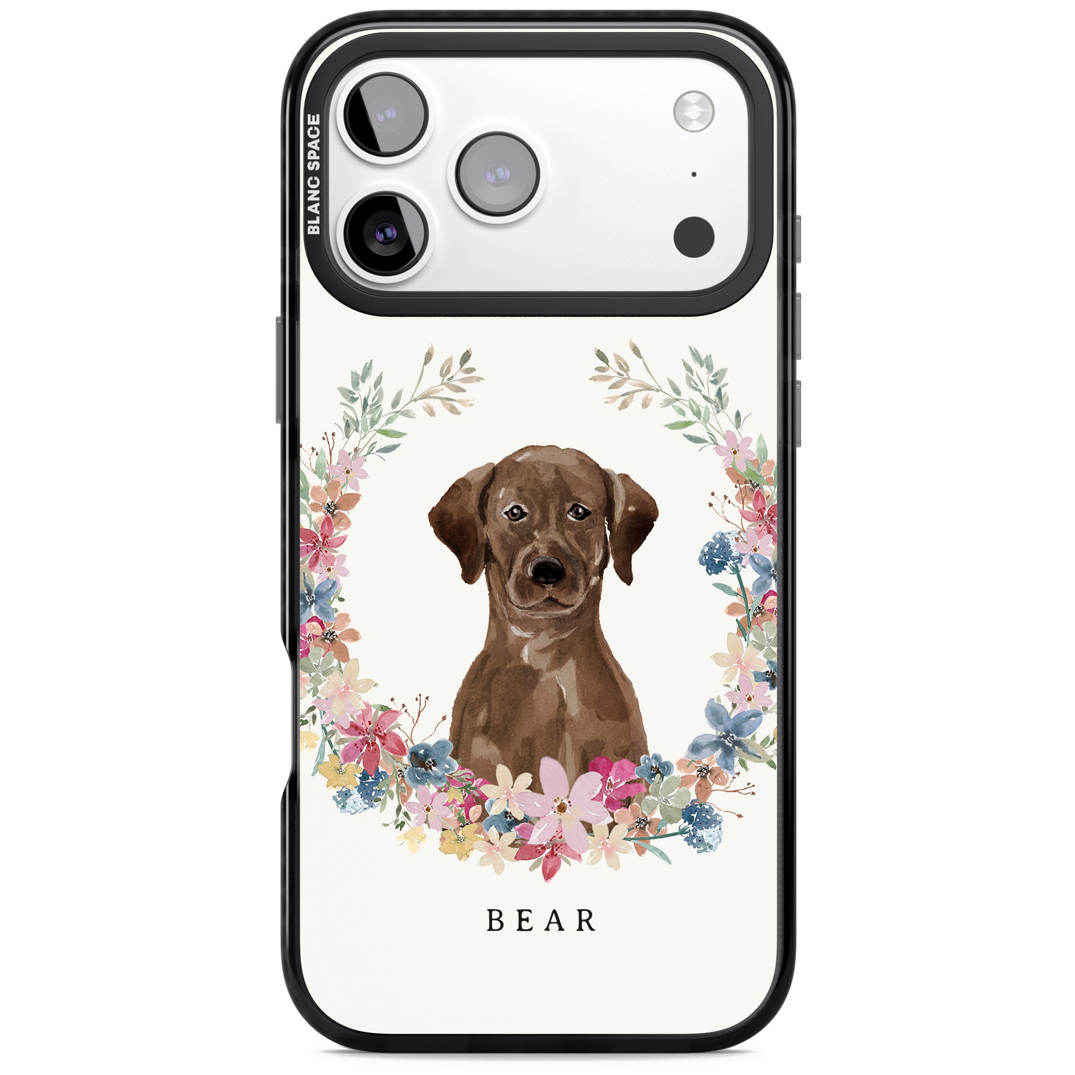 Personalised Chocolate Labrador Floral Portrait iPhone 17 Pro Impact Black Phone Case