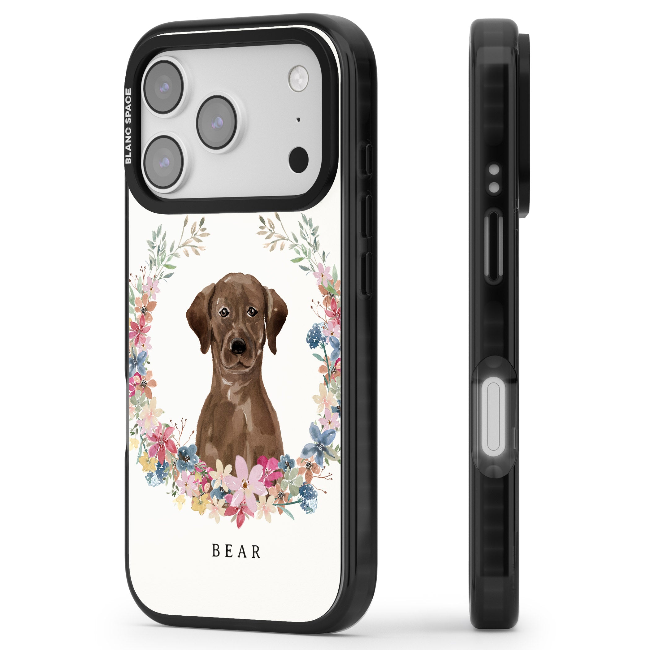 Personalised Chocolate Labrador Floral Portrait iPhone 17 Pro Max Impact Black Phone Case Side Profile
