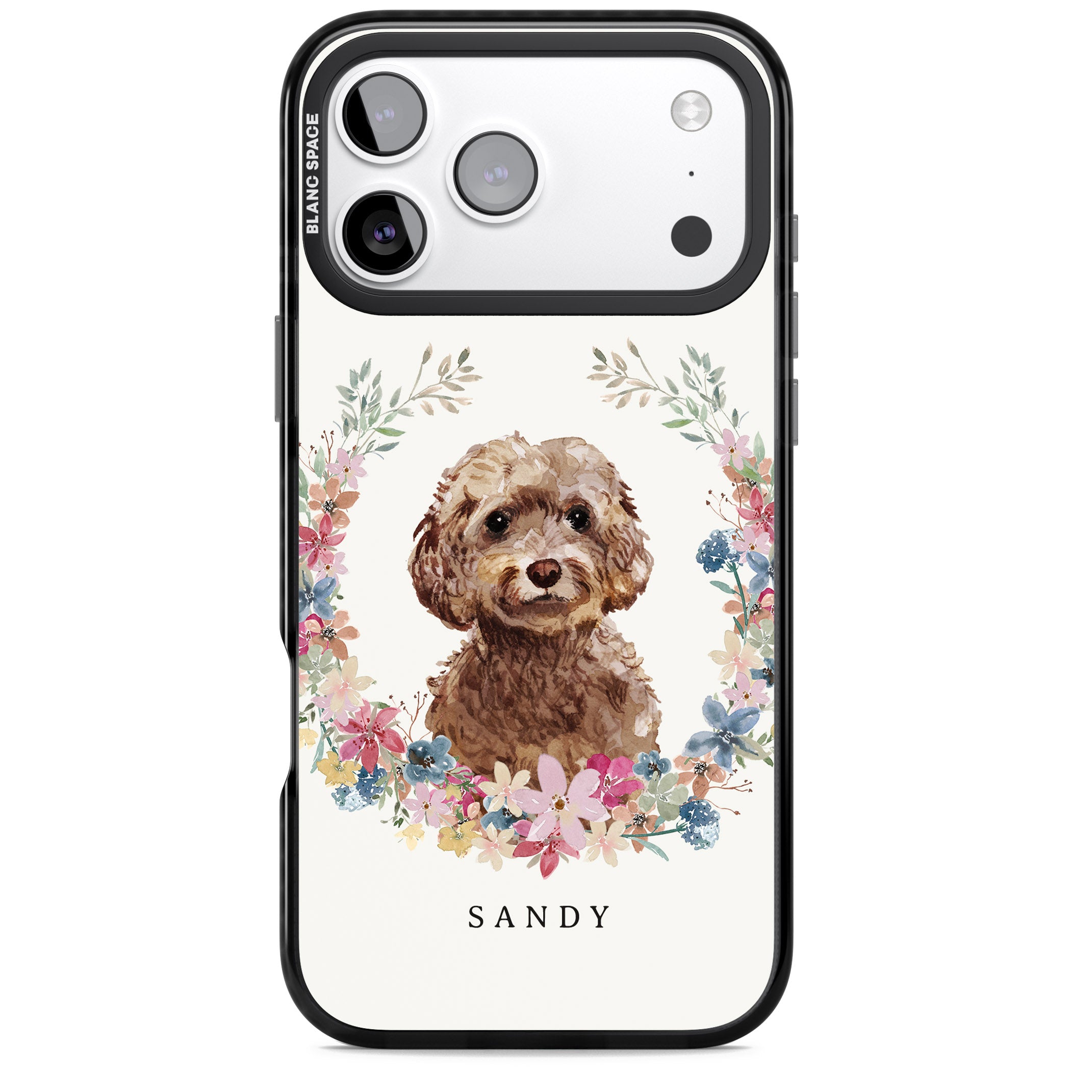 Personalised Brown Cockapoo Floral Portrait iPhone 17 Pro Max Impact Black Phone Case