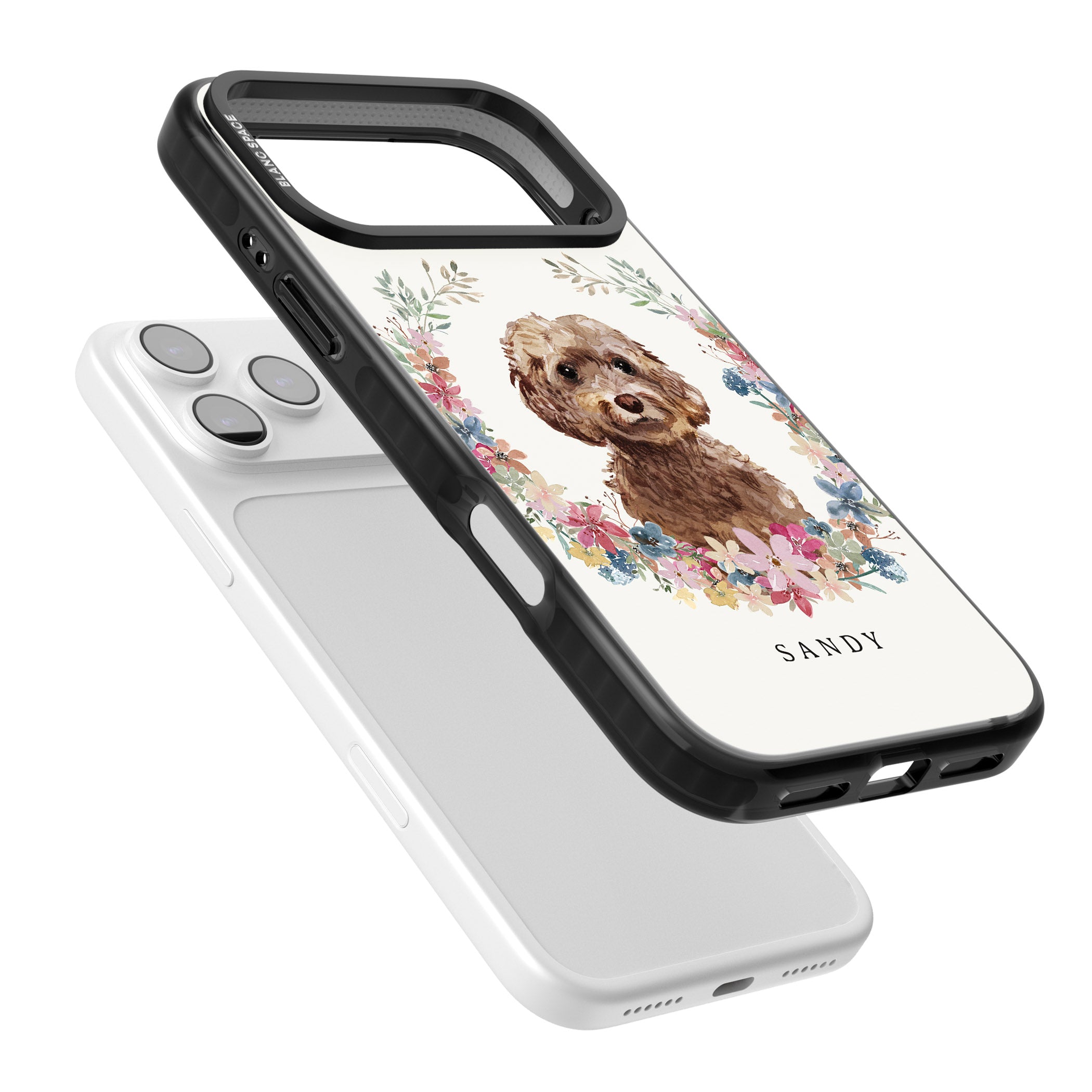Personalised Brown Cockapoo Floral Portrait iPhone 17 Pro Max Impact Black Phone Case Colours