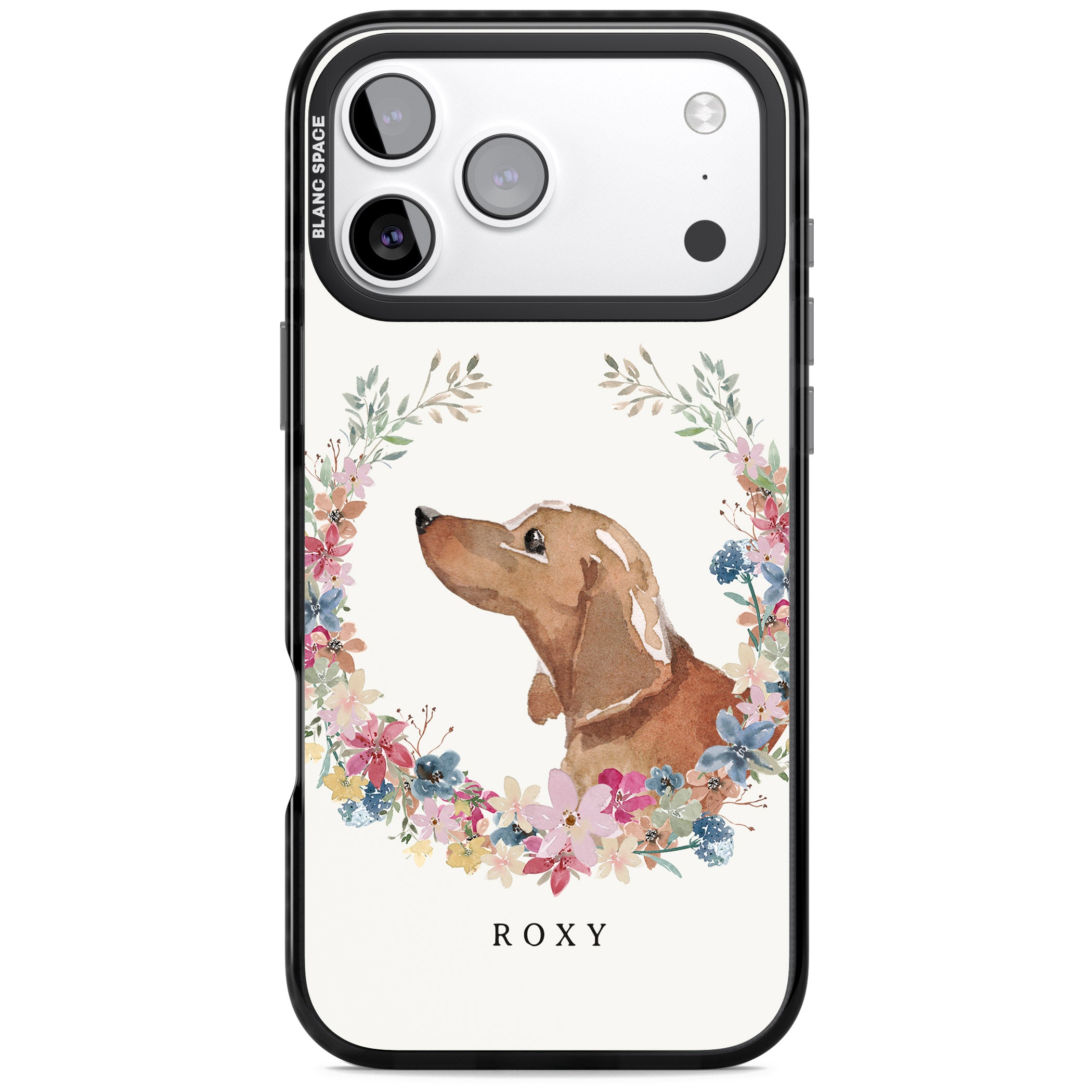 Personalised Tan Dachshund Floral Portrait iPhone 17 Pro Max Impact Black Phone Case