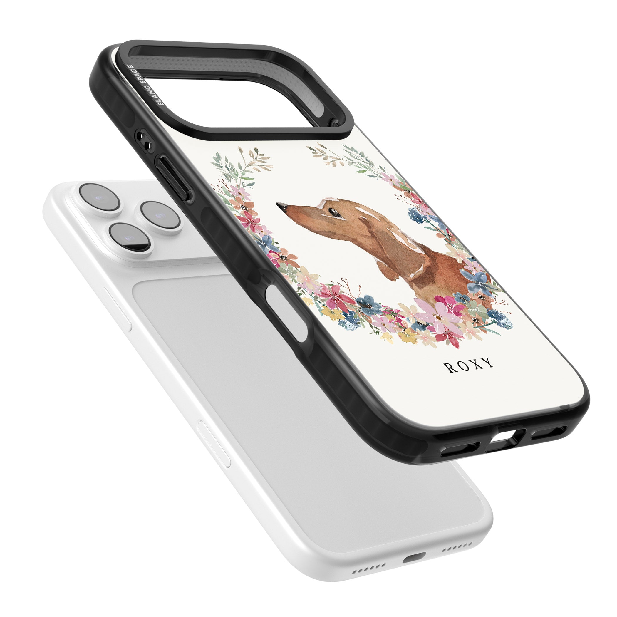 Personalised Tan Dachshund Floral Portrait iPhone 17 Pro Max Impact Black Phone Case Colours
