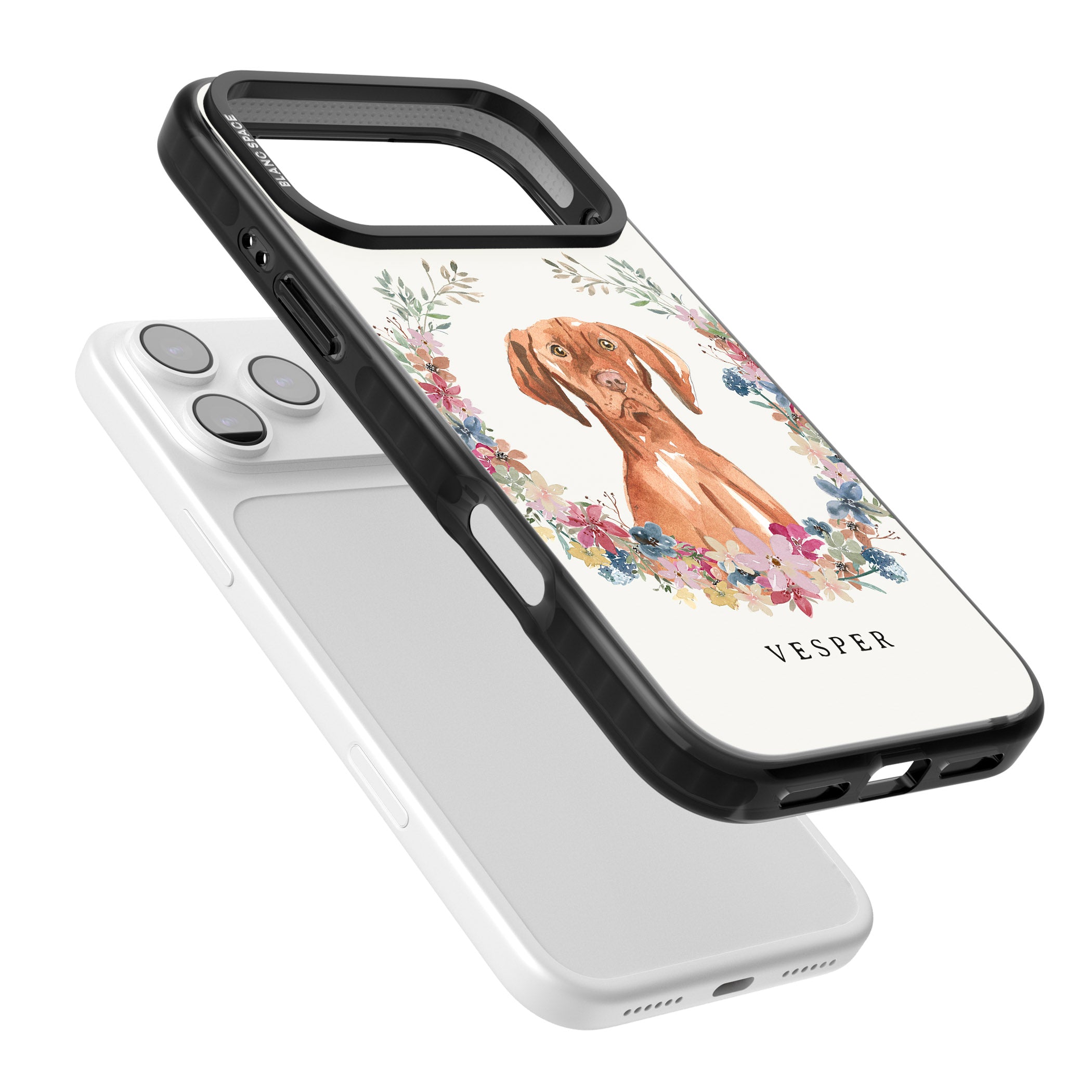 Personalised Hungarian Vizsla Floral Portrait iPhone 17 Pro Impact Black Phone Case Colours