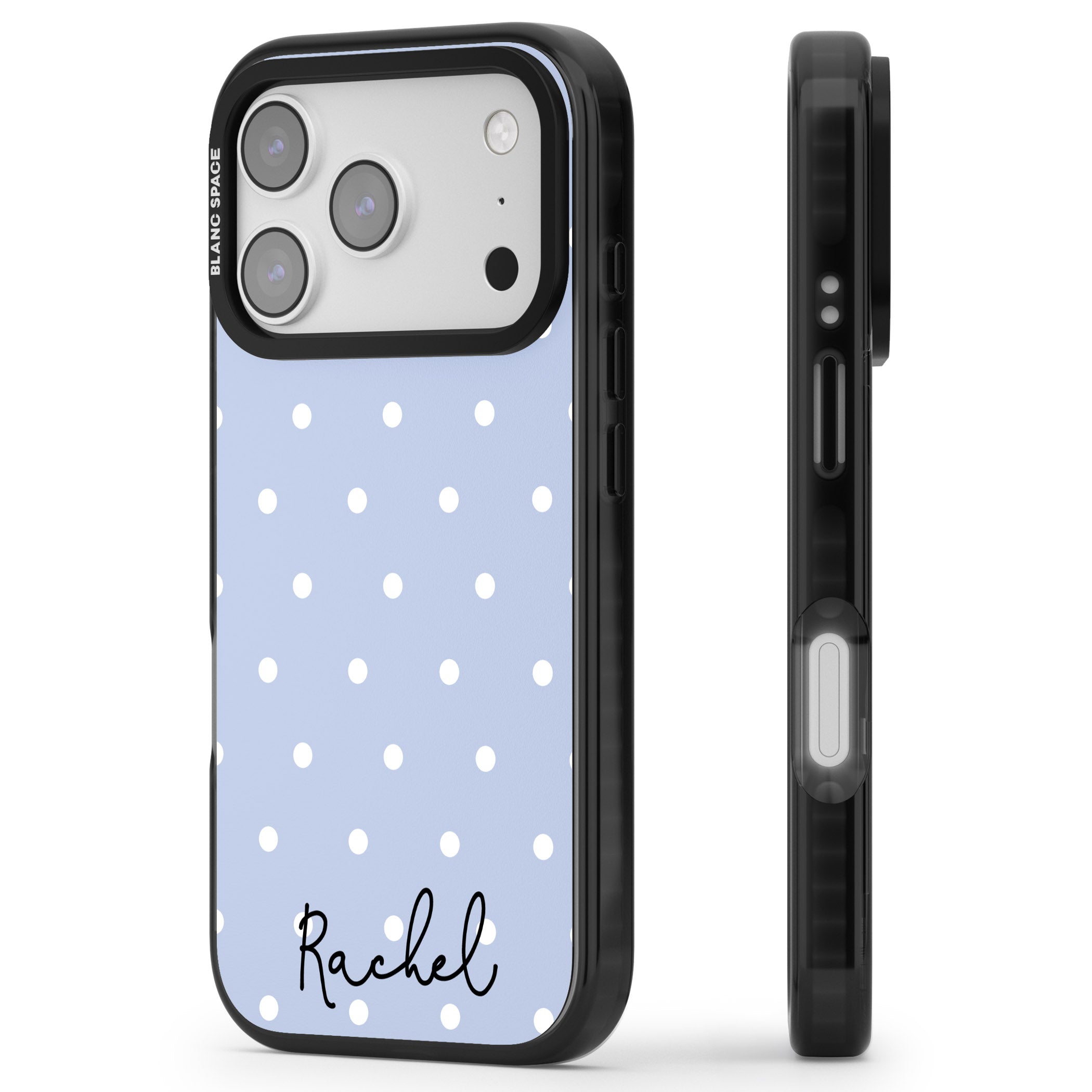 Personalised Simple Light Blue Dots iPhone 17 Pro Max Impact Black Phone Case Side Profile