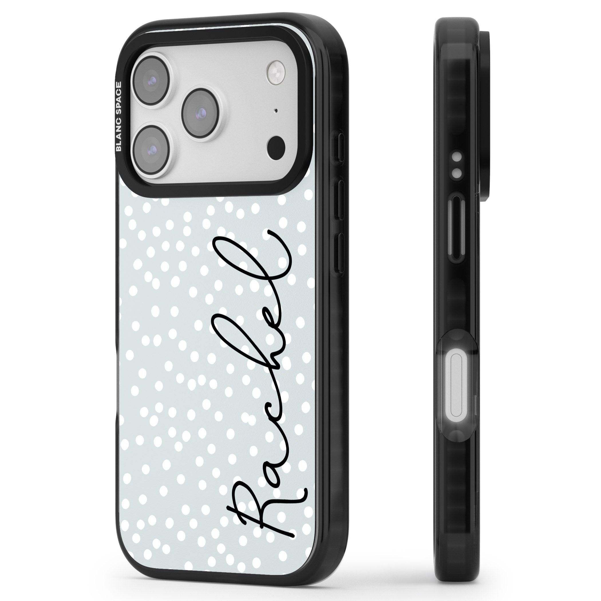 Personalised Vertical Cursive & Dots iPhone 17 Pro Impact Black Phone Case Side Profile