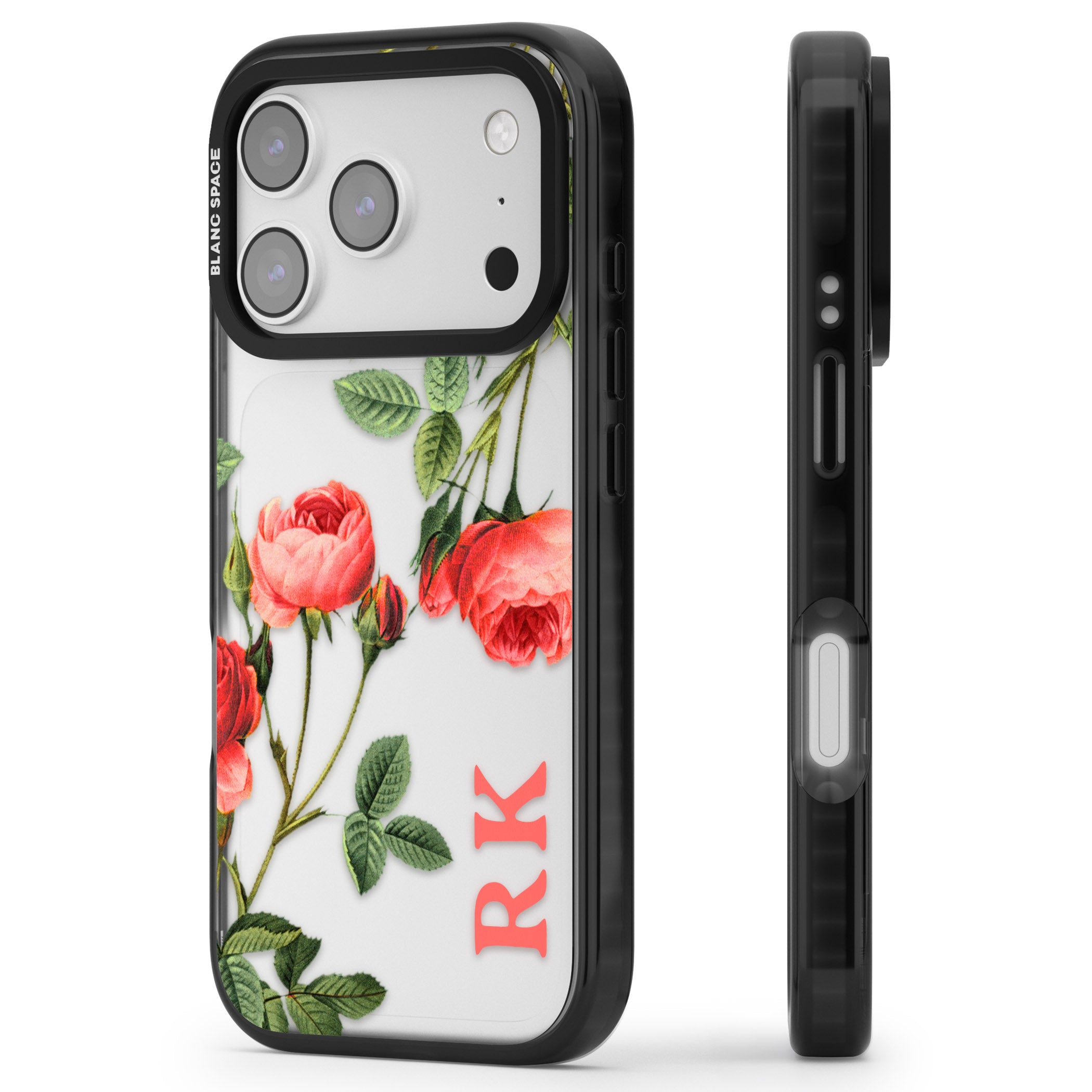 Personalised Vintage Floral Rose iPhone 17 Pro Max Impact Black Phone Case Side Profile