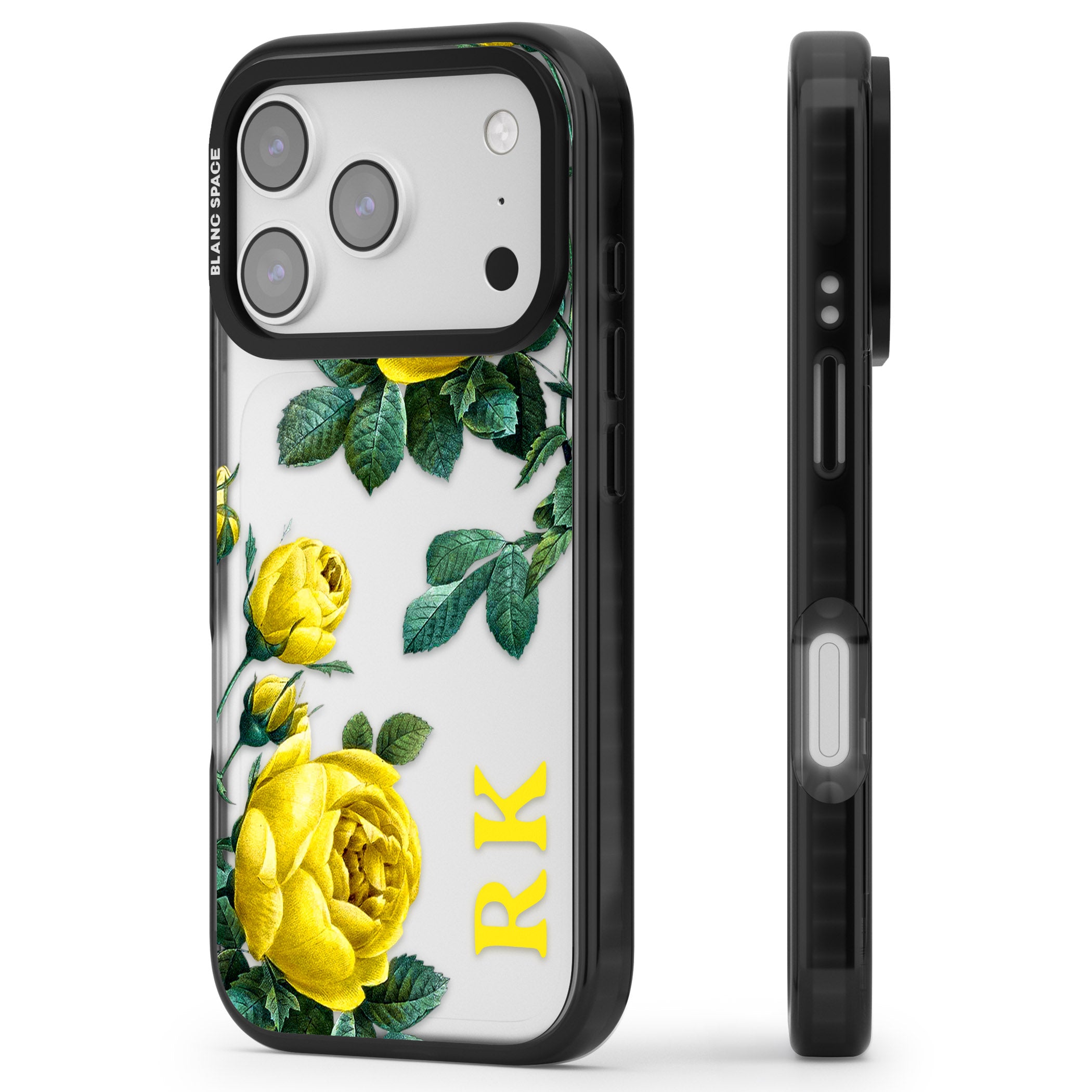 Personalised Vintage Floral Yellow Roses iPhone 17 Pro Max Impact Black Phone Case Side Profile
