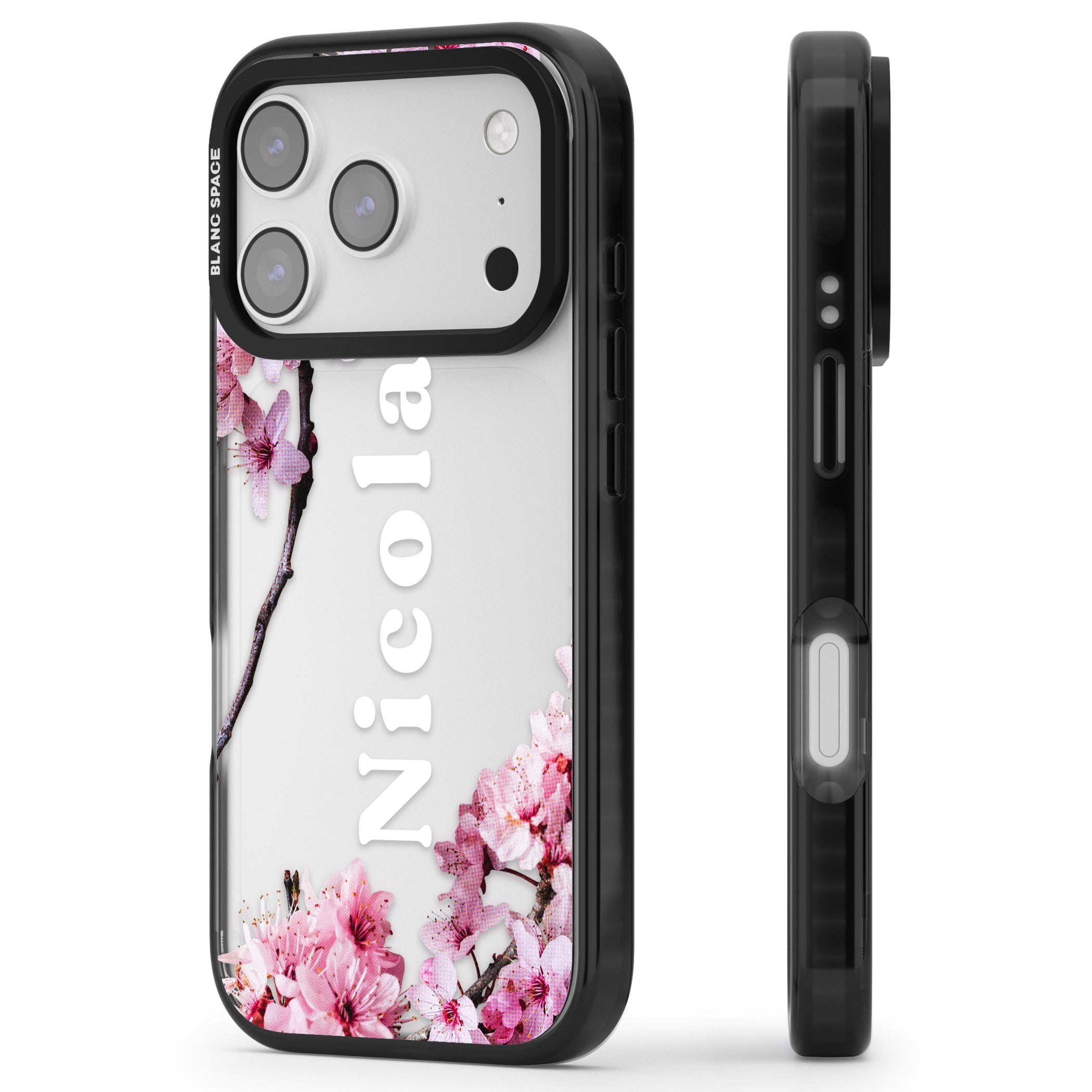 Personalised Cherry Blossom Elegance Classic iPhone 17 Pro Max Impact Black Phone Case Side Profile
