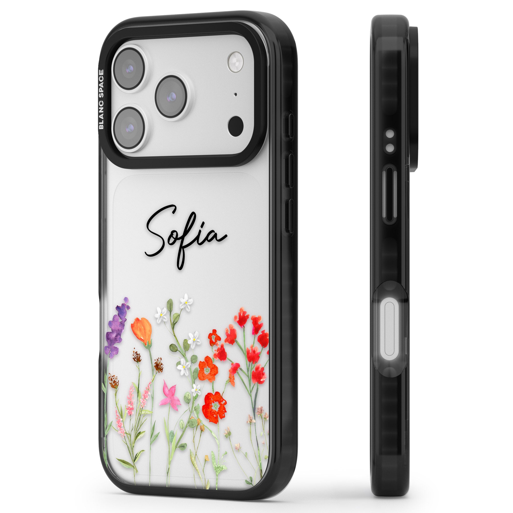 Personalised Spring Wildflowers iPhone 17 Pro Max Impact Black Phone Case Side Profile